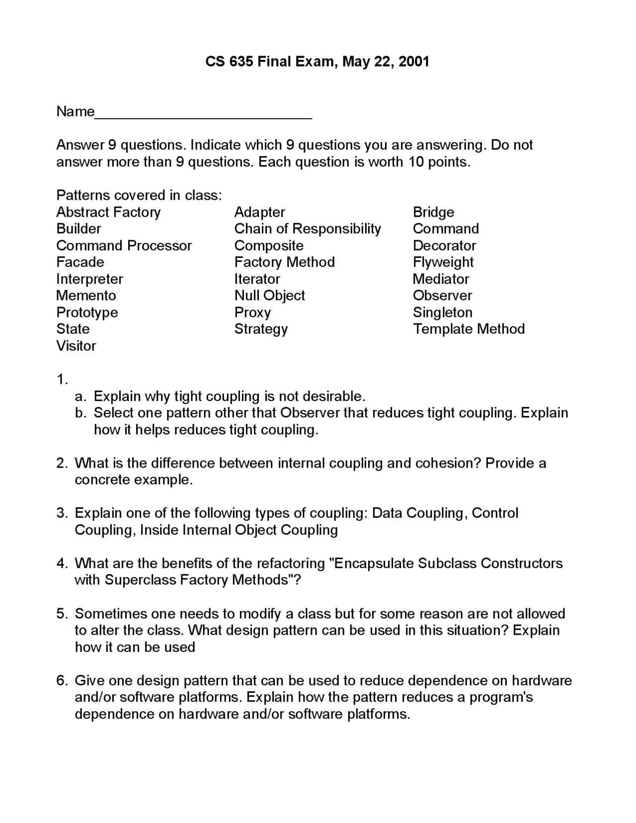 Object Oriented Design Programming - 15 Questions in Final Exam | CS ...