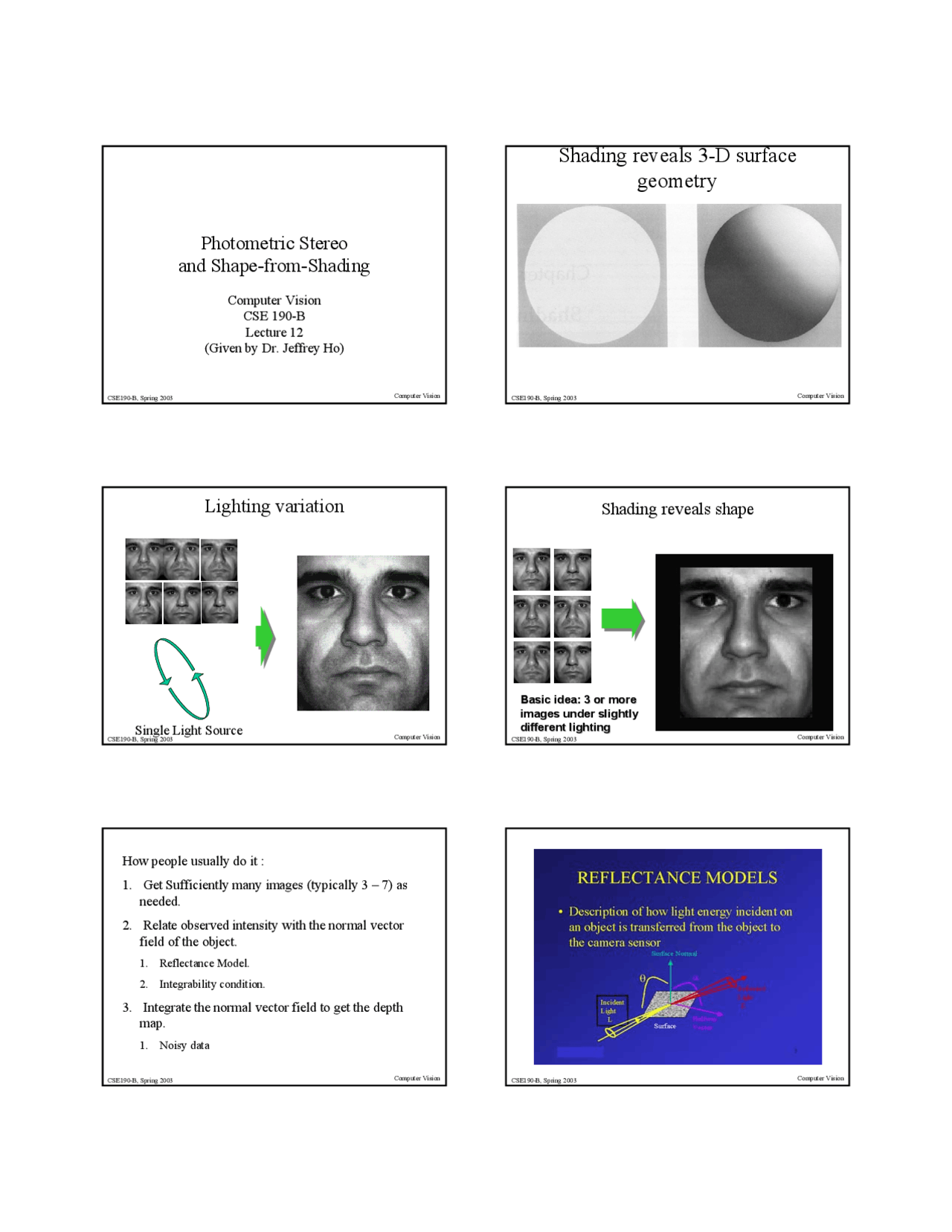 Photometric Stereo and Shape from Shading - Slides | CSE 190 - Docsity