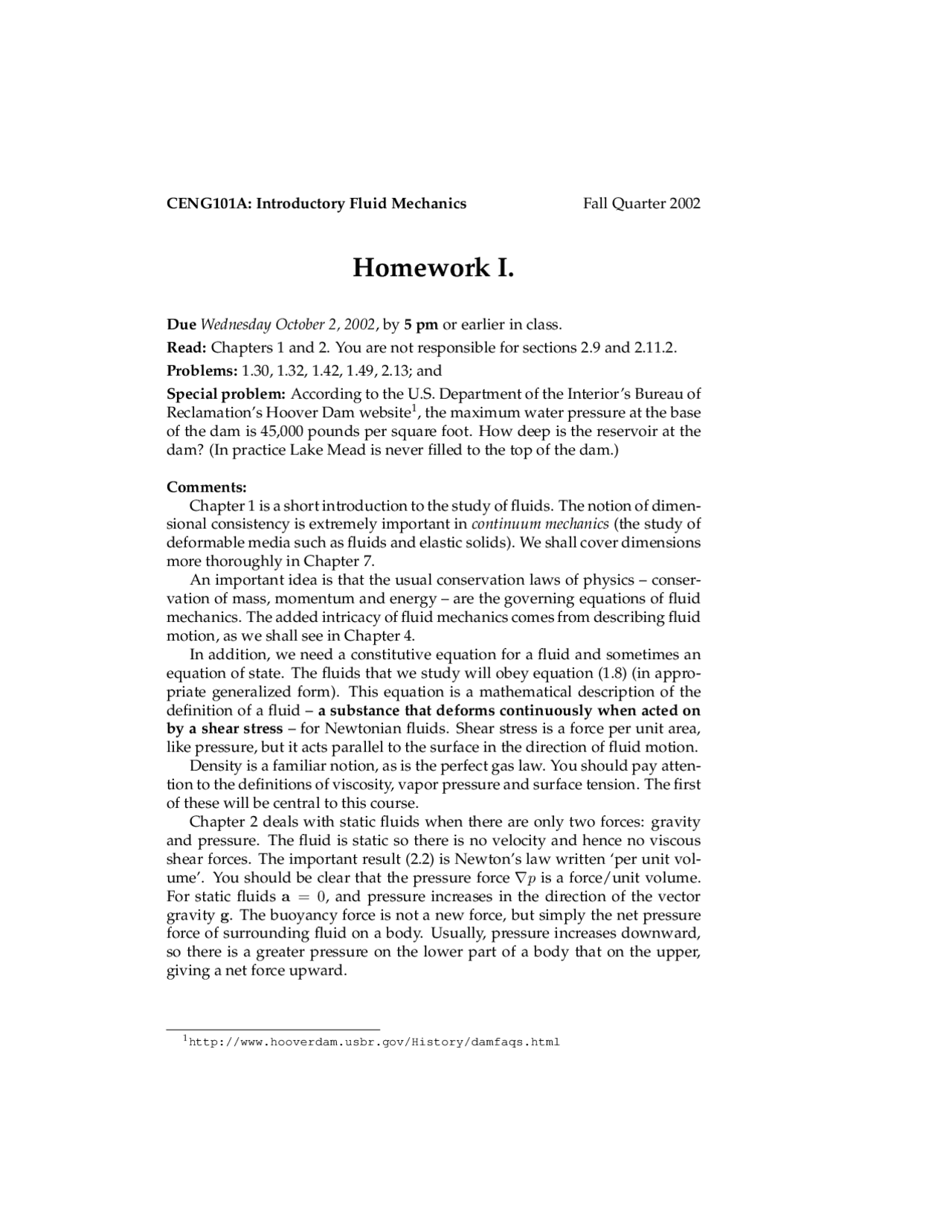 Homework 1 on Introductory Fluid Mechanics | CENG 101A - Docsity