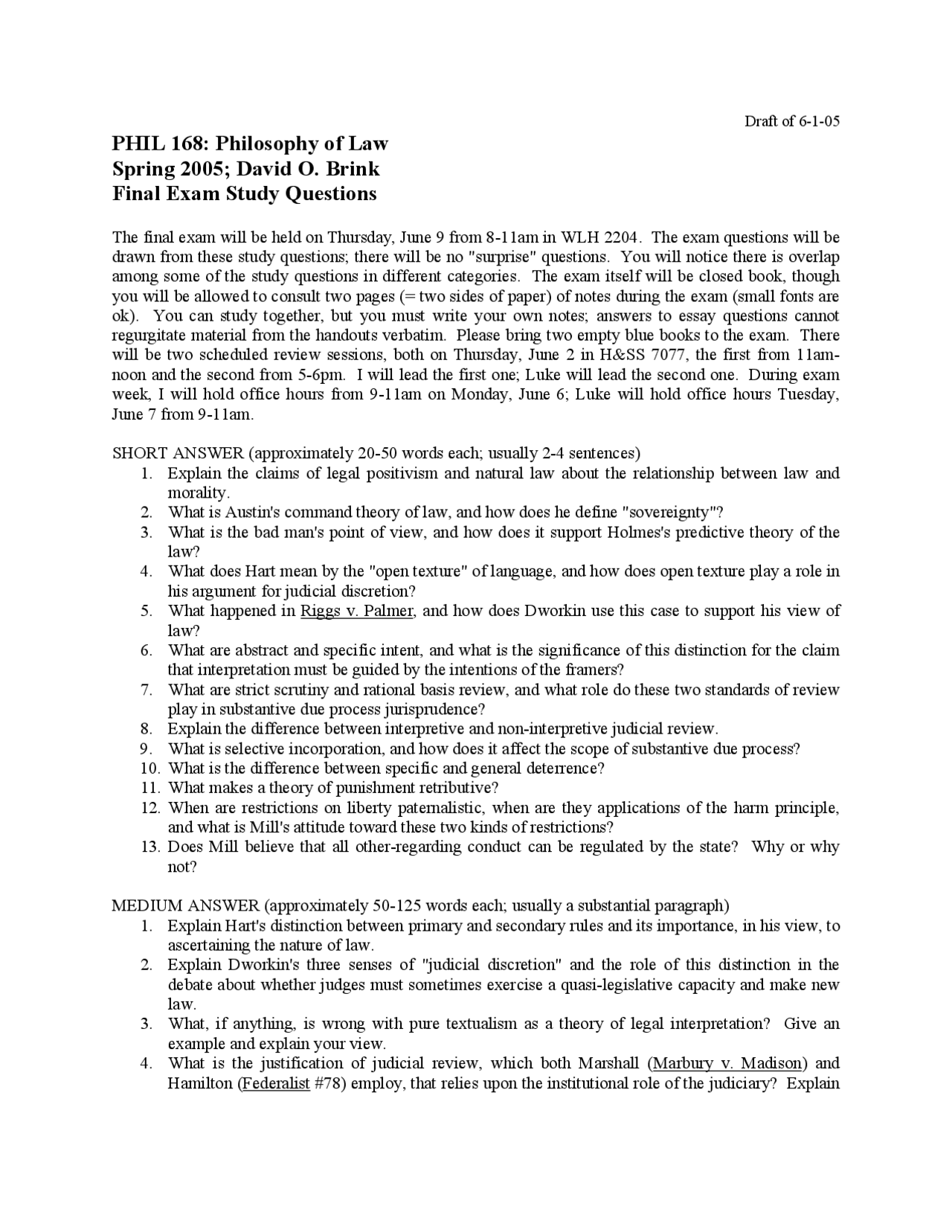 Final Exam Study Questions for Philosophy Of Law | PHIL 168 | Exams ...