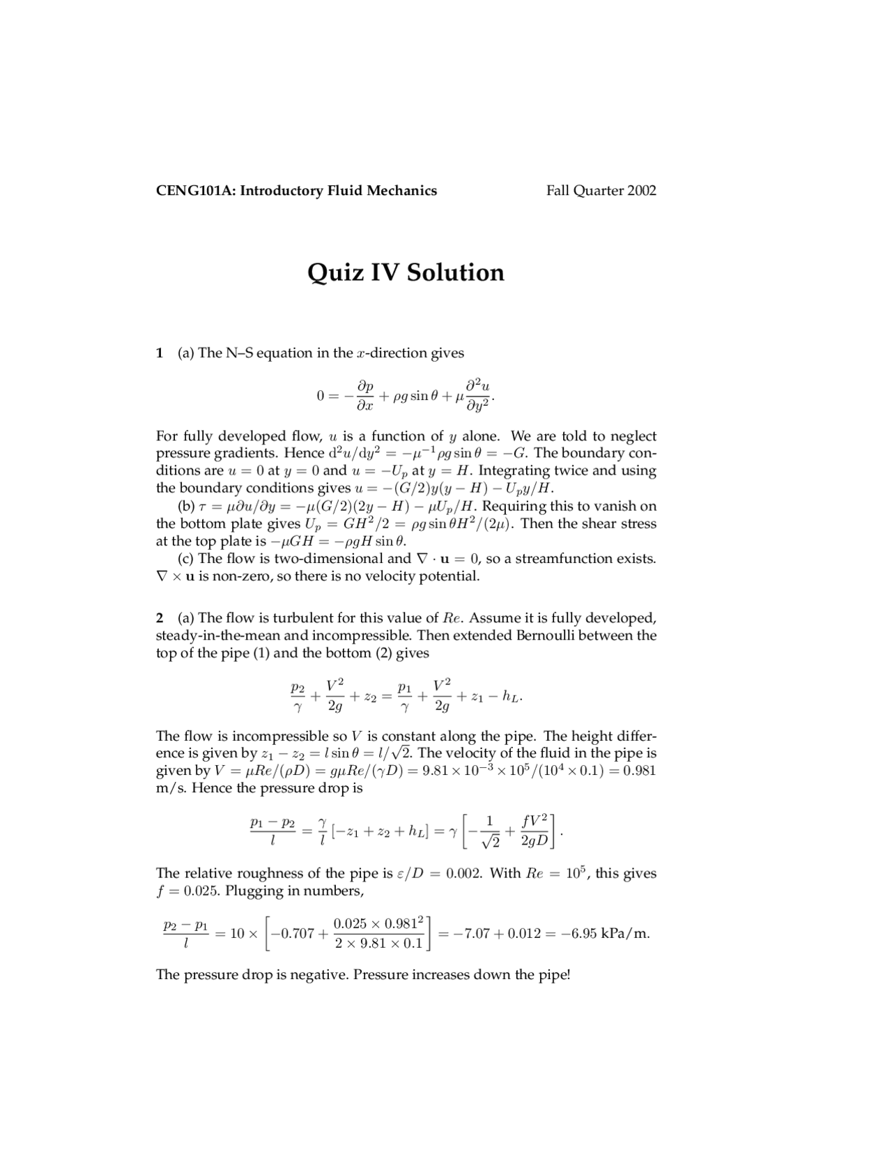 Quiz 4 Solutions Introductory Fluid Mechanics CENG 101A Quizzes