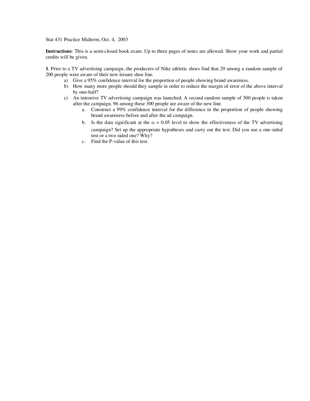 Practice Problems for Midterm Exam - Statistical Inference | STAT 431 ...