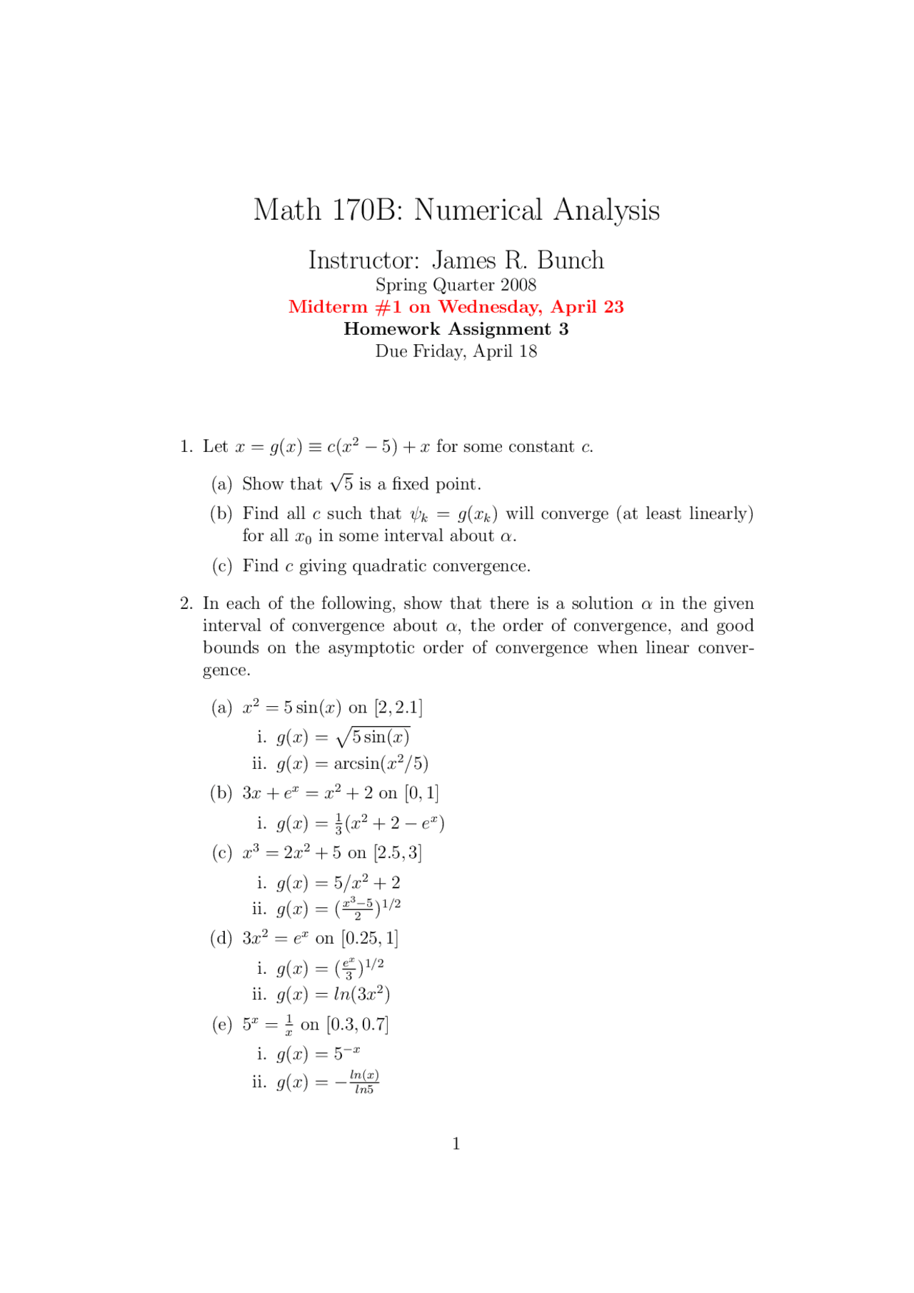Midterm Exam 1 On Numerical Analysis Spring 08 Math 170b Docsity