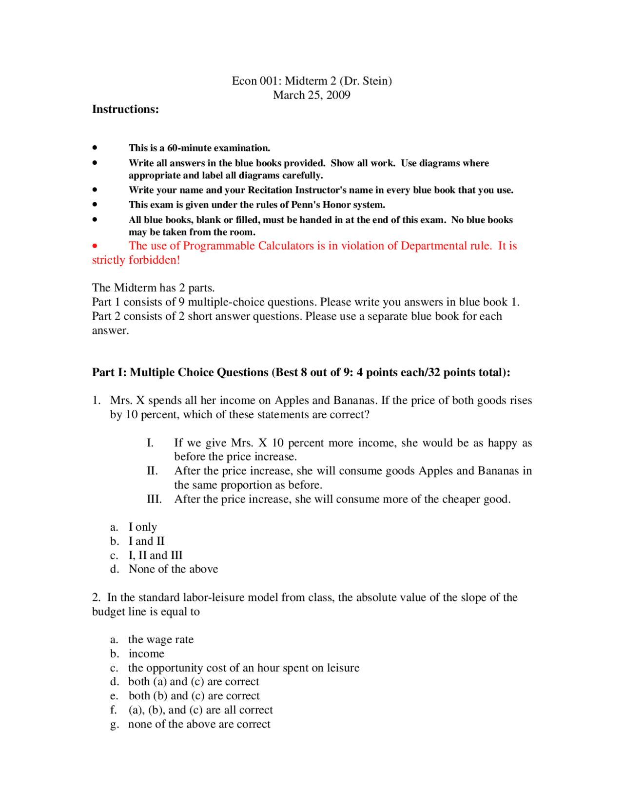 Midterm 2 Exam for Econ 001: Economics Principles - Prof. R. Stein ...