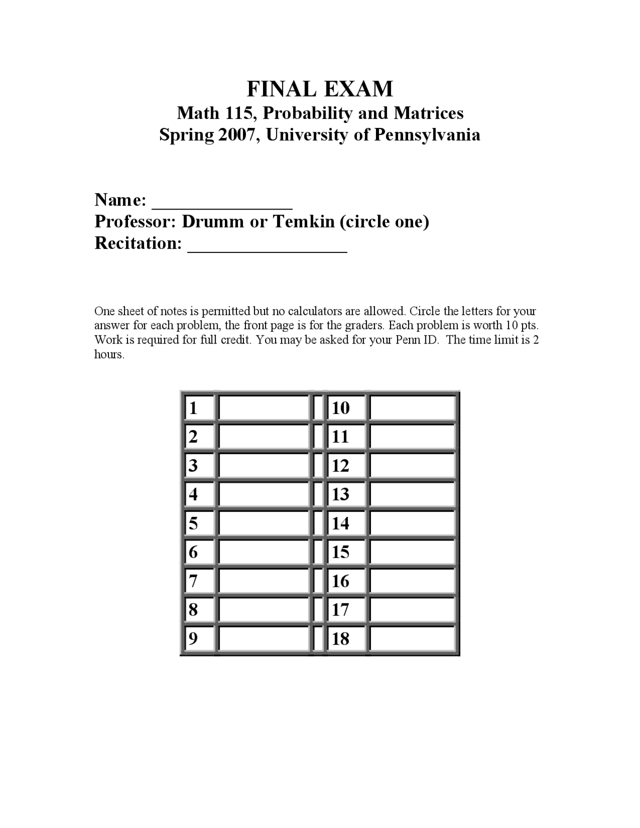 17 Questions on Calculus II Probability and Matrices - Final Exam ...