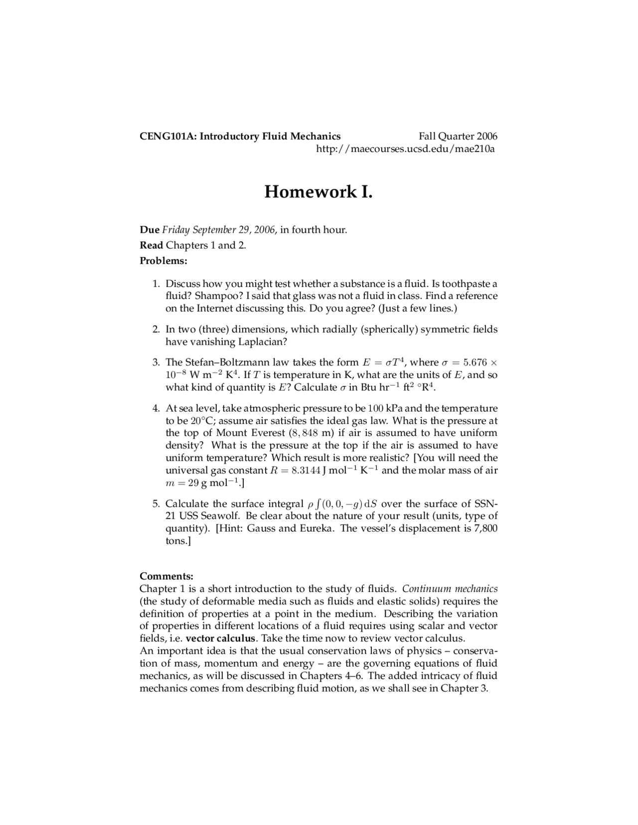 Homework 1 for Introductory Fluid Mechanics | CENG 101A - Docsity