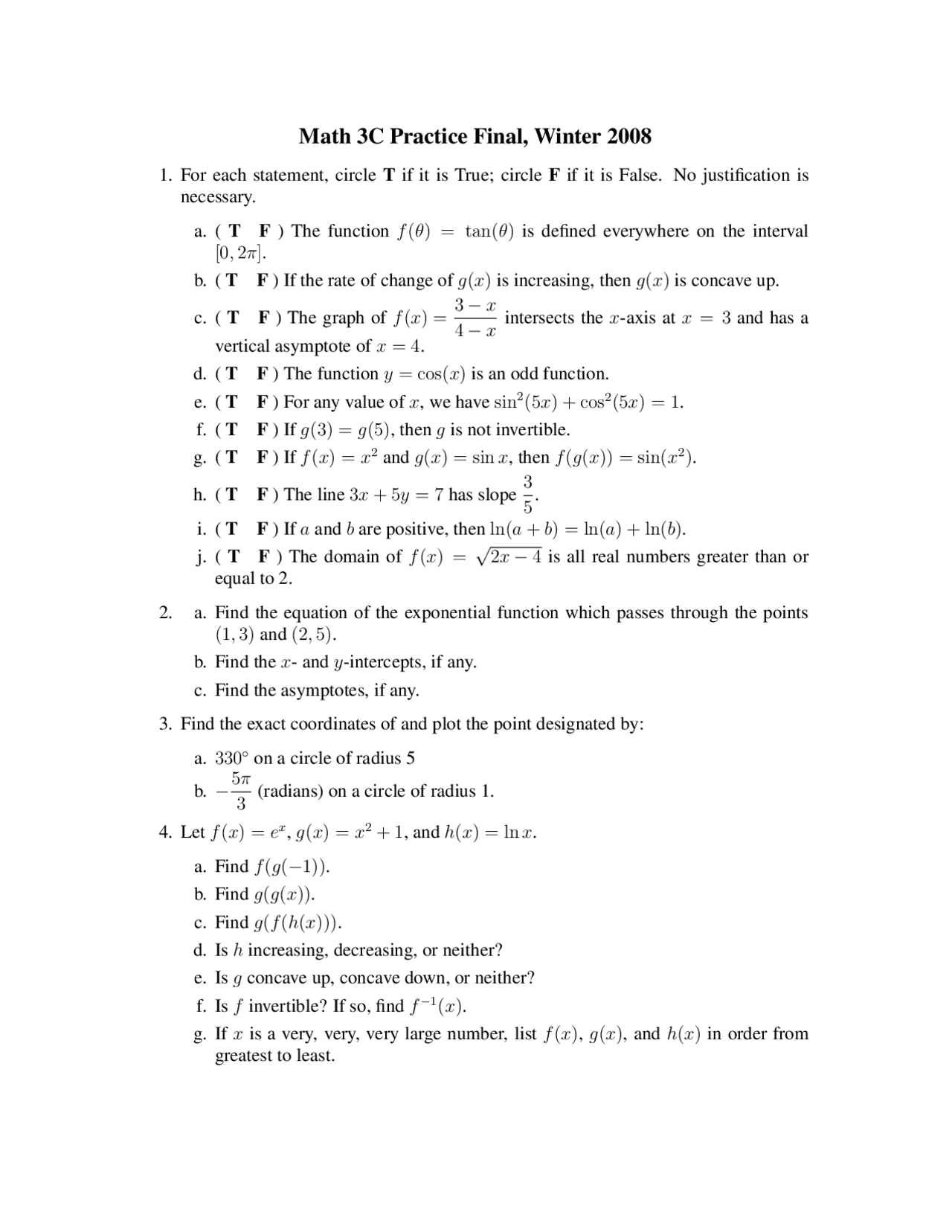 Practice Questions Final Exam Precalculus Math 3c Docsity