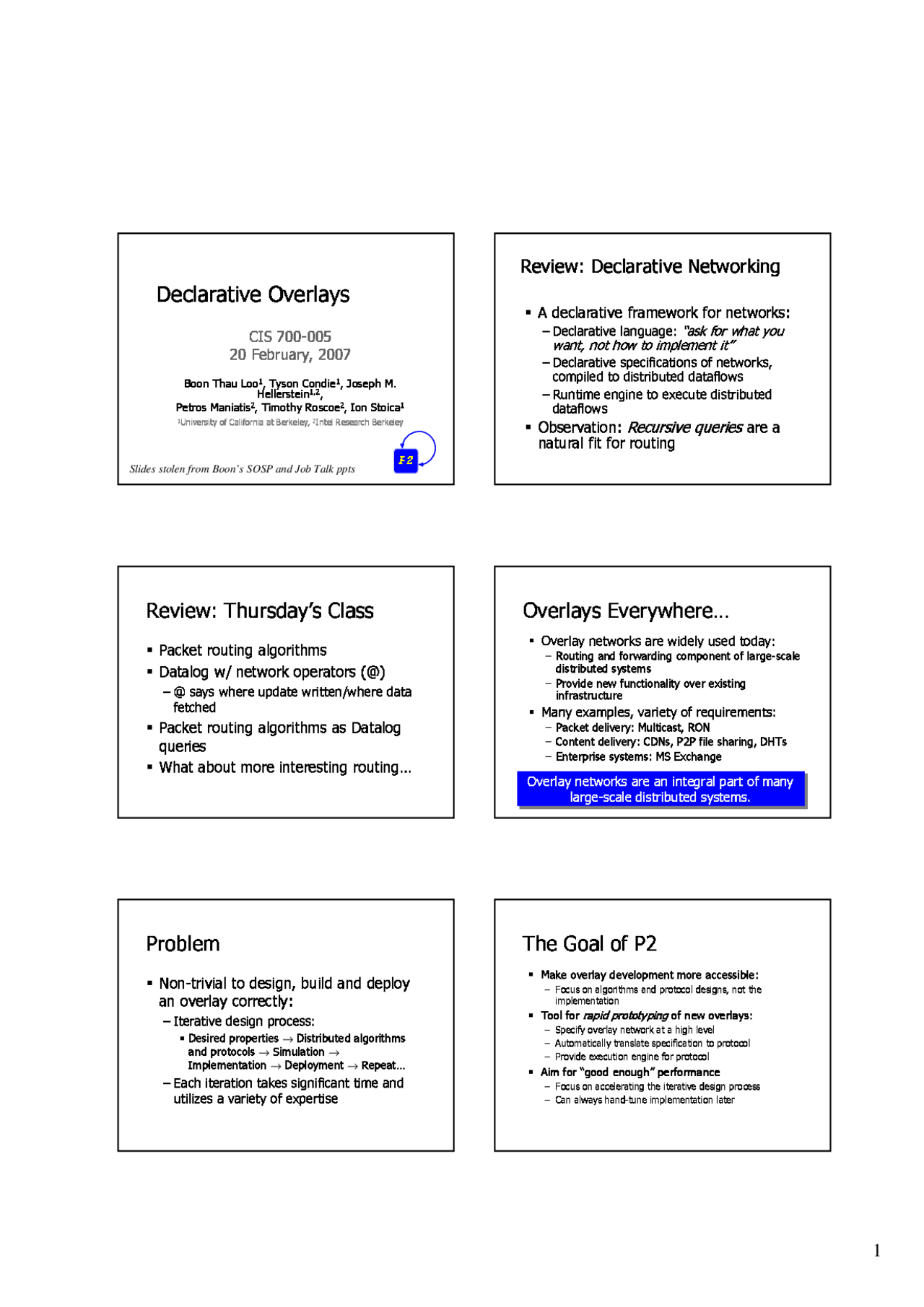 Declarative Overlays Networking Lecture Slides Cis 700 Docsity