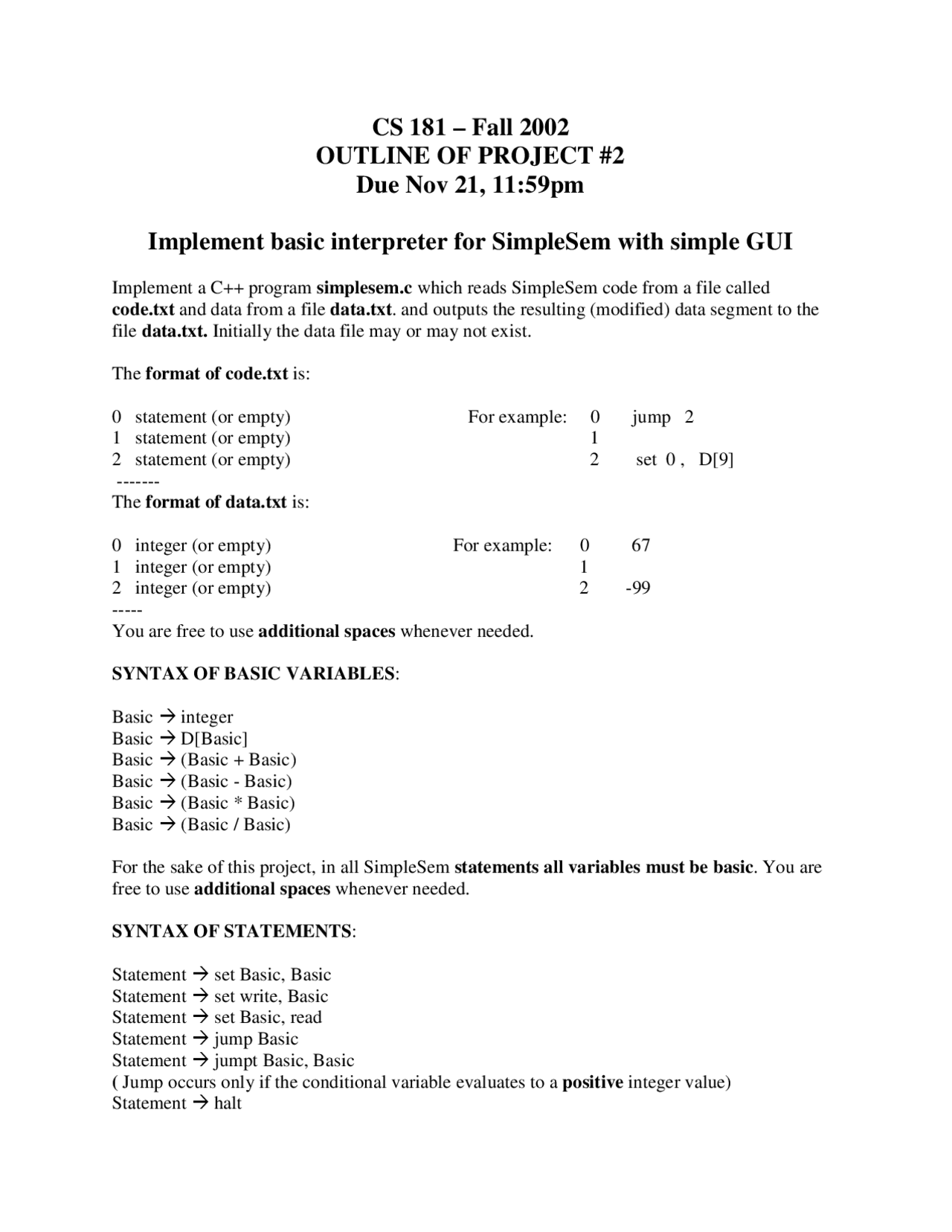 Coding Project Outline Example Outline for Project 2 - Principles of Programming Language | CS 181 ...