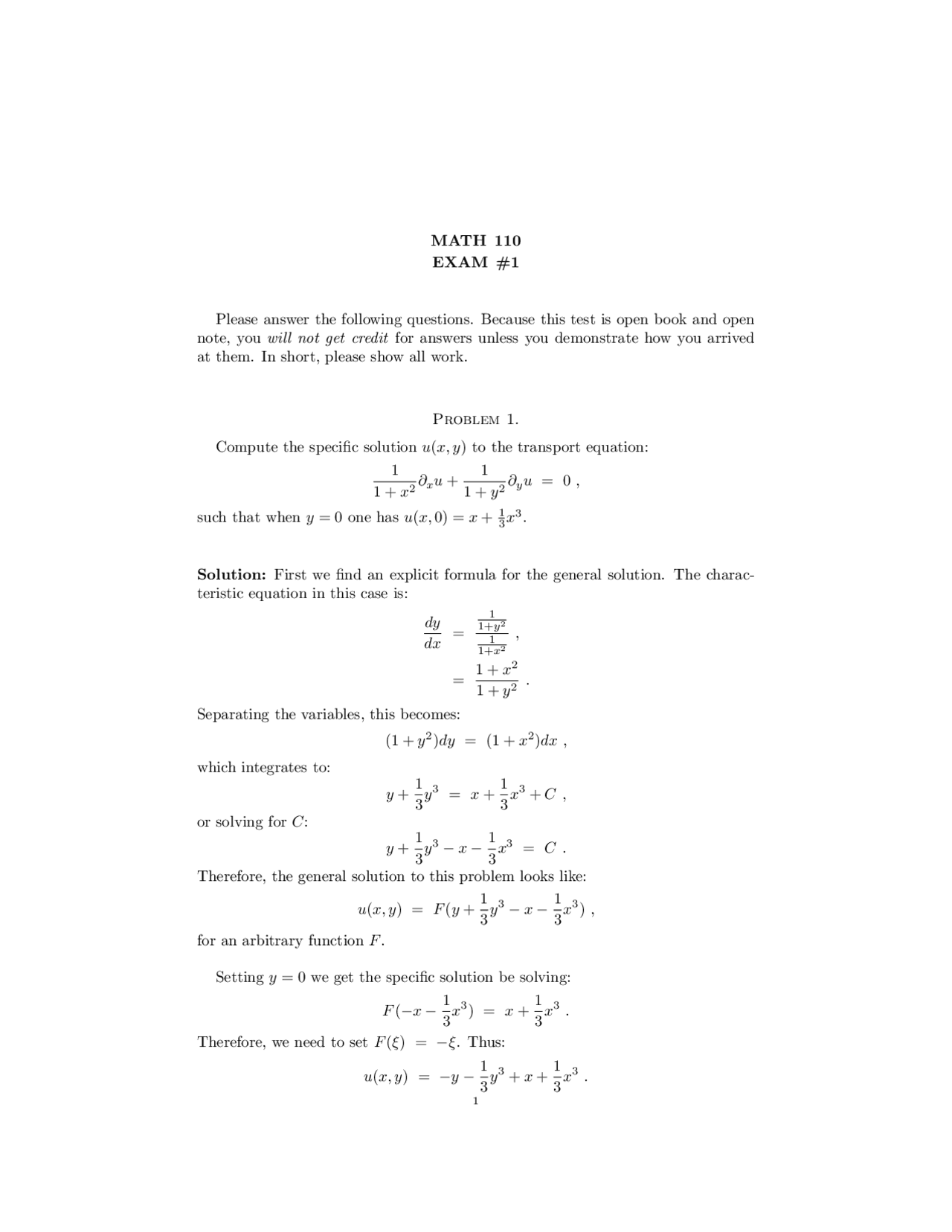 Solved Exam 1 Introduction Partial Differential Equations Math 110 Examens équations Solved Exam 1 Introduction Partial Differential Equations Math 110 Examens équations