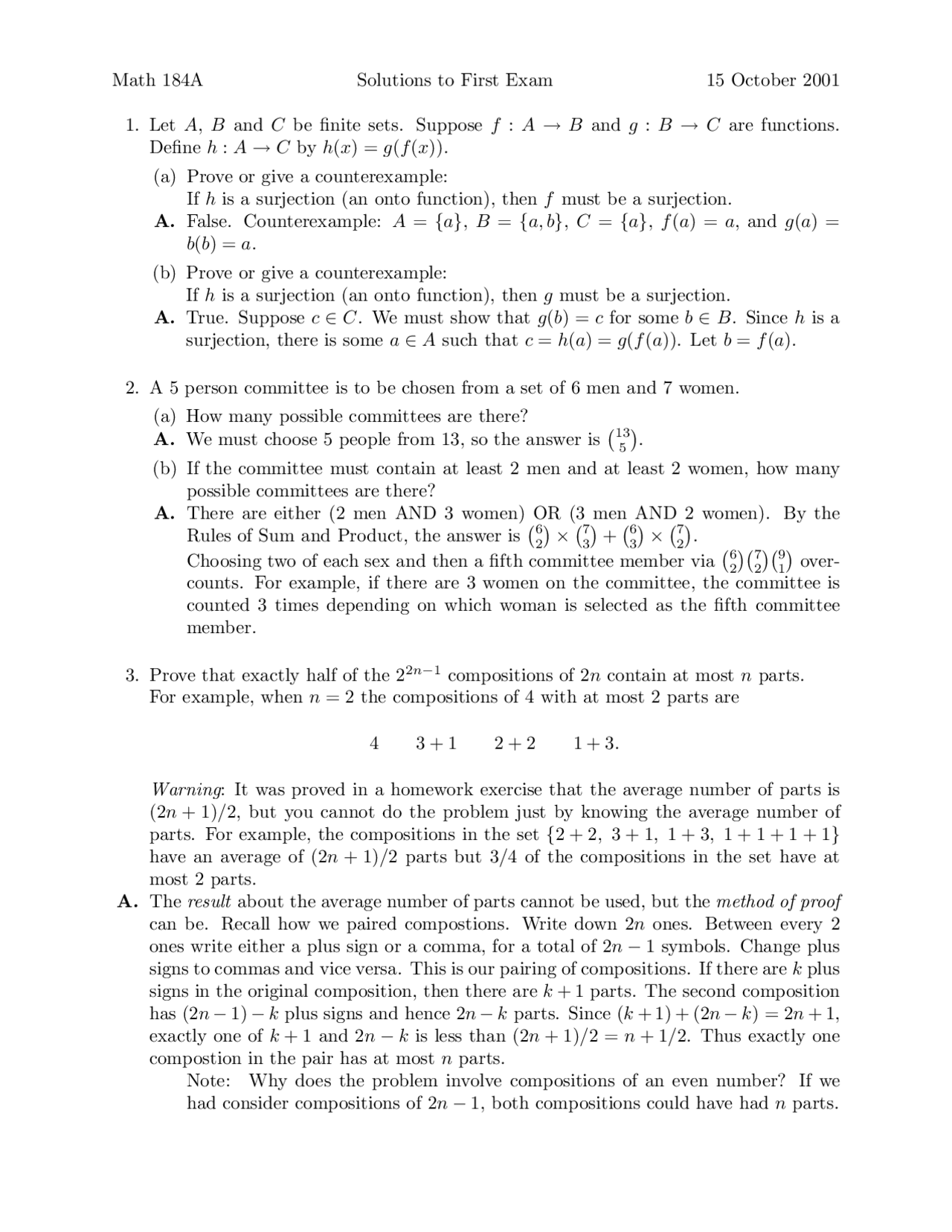 Solutions to Exam 1 for Combinatorics MATH 184A Docsity