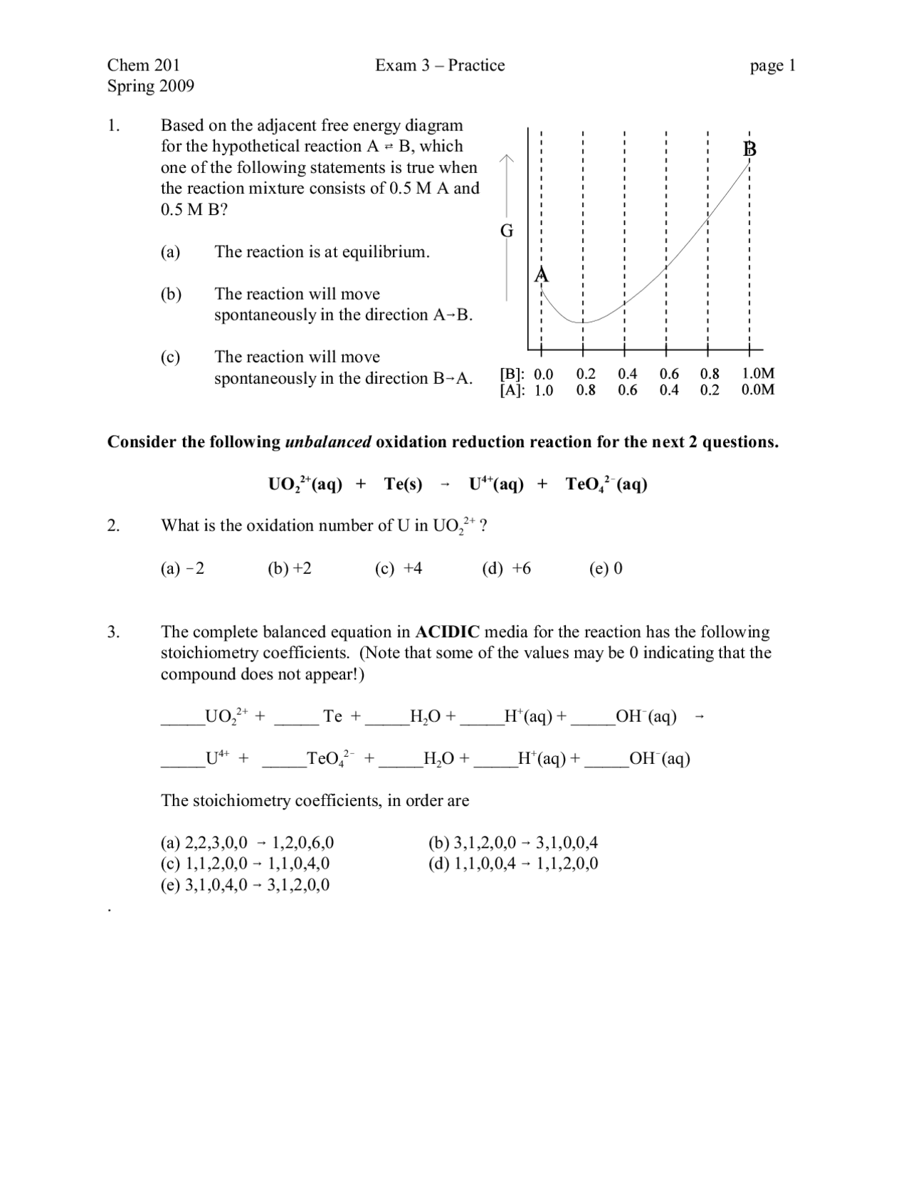 Practice Questions for Exam 3 - General Chemistry | CHEM 201 | Exams ...