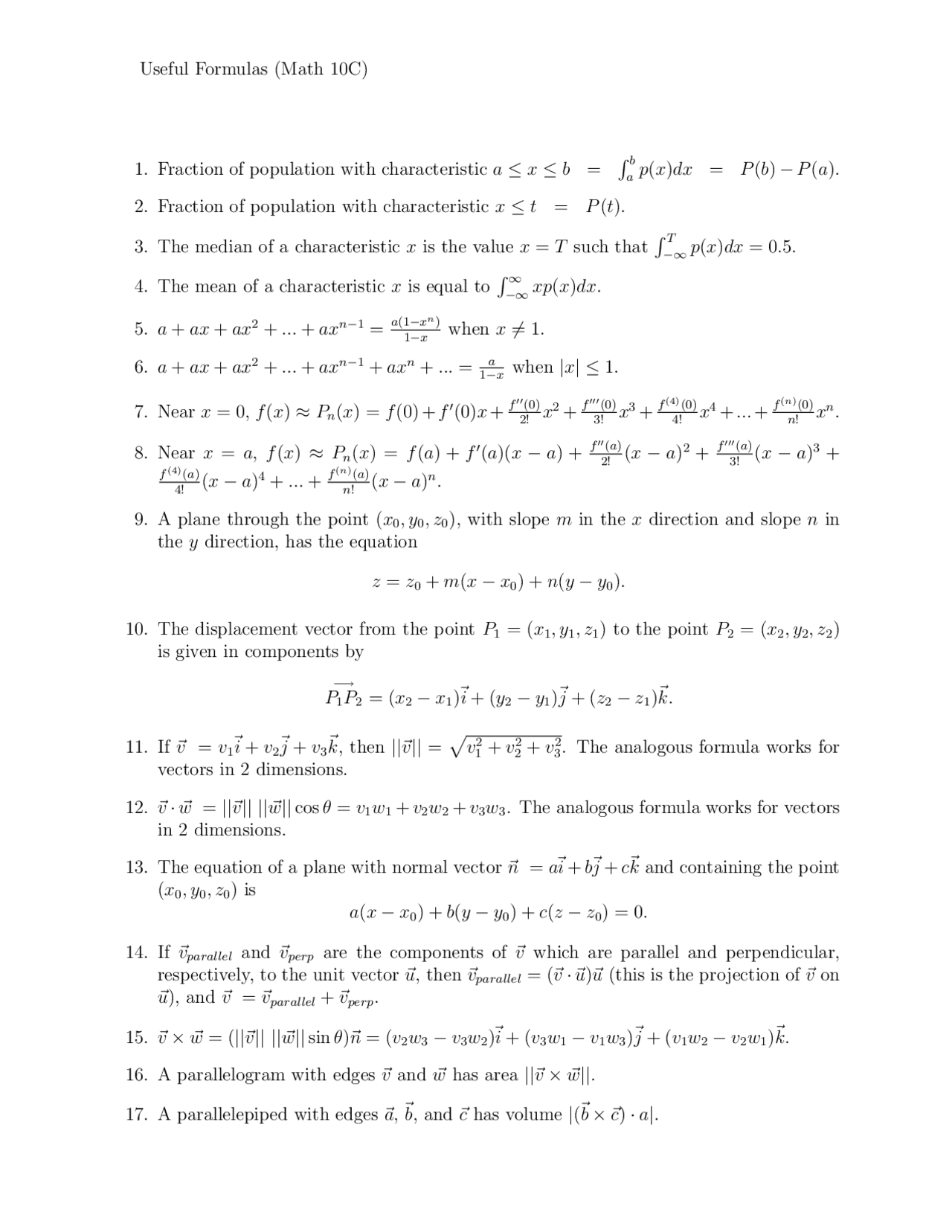 Notes on Useful Formulas - Calculus | MATH 10C - Docsity