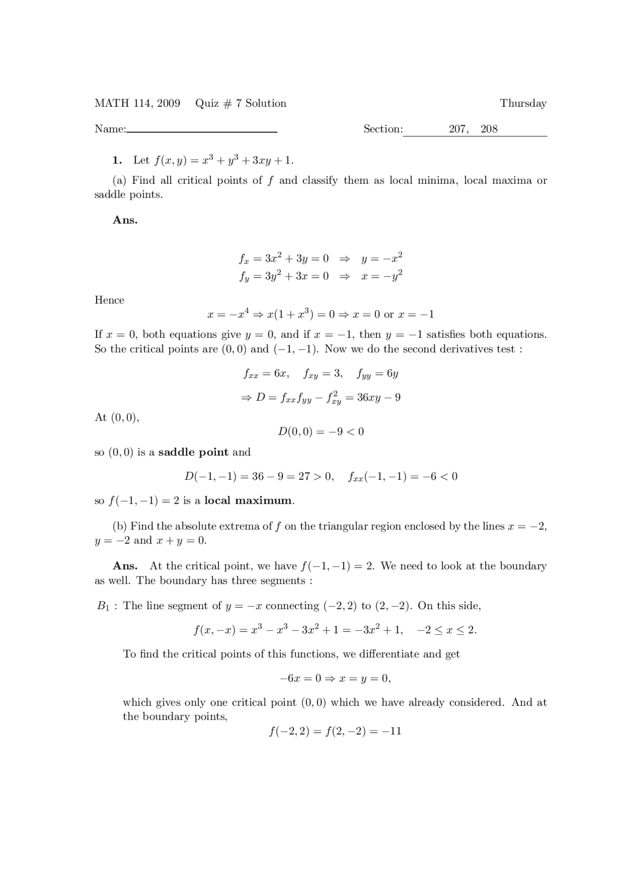 2 Solved Questions On Critical Functions Quiz 7 Math 114 Docsity