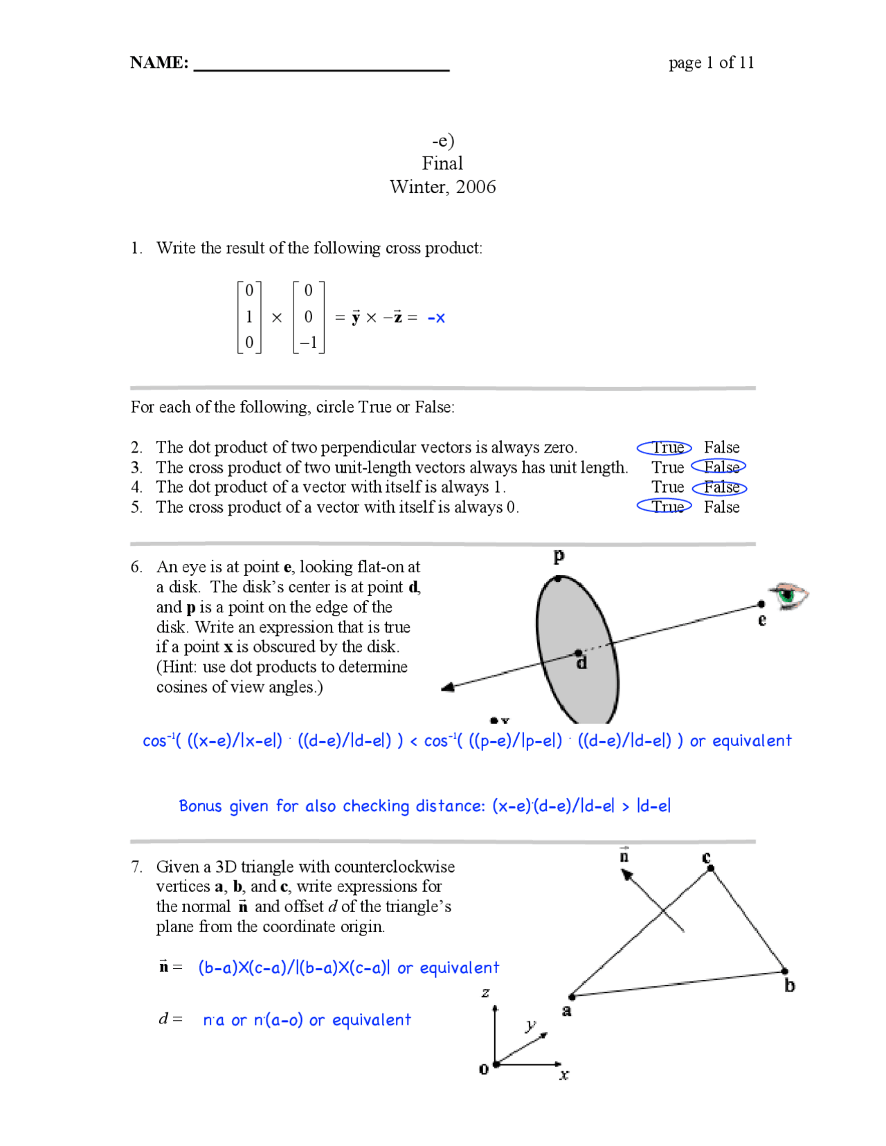 Final Exam with Solution for Computer Graphics | CSE 167 - Docsity