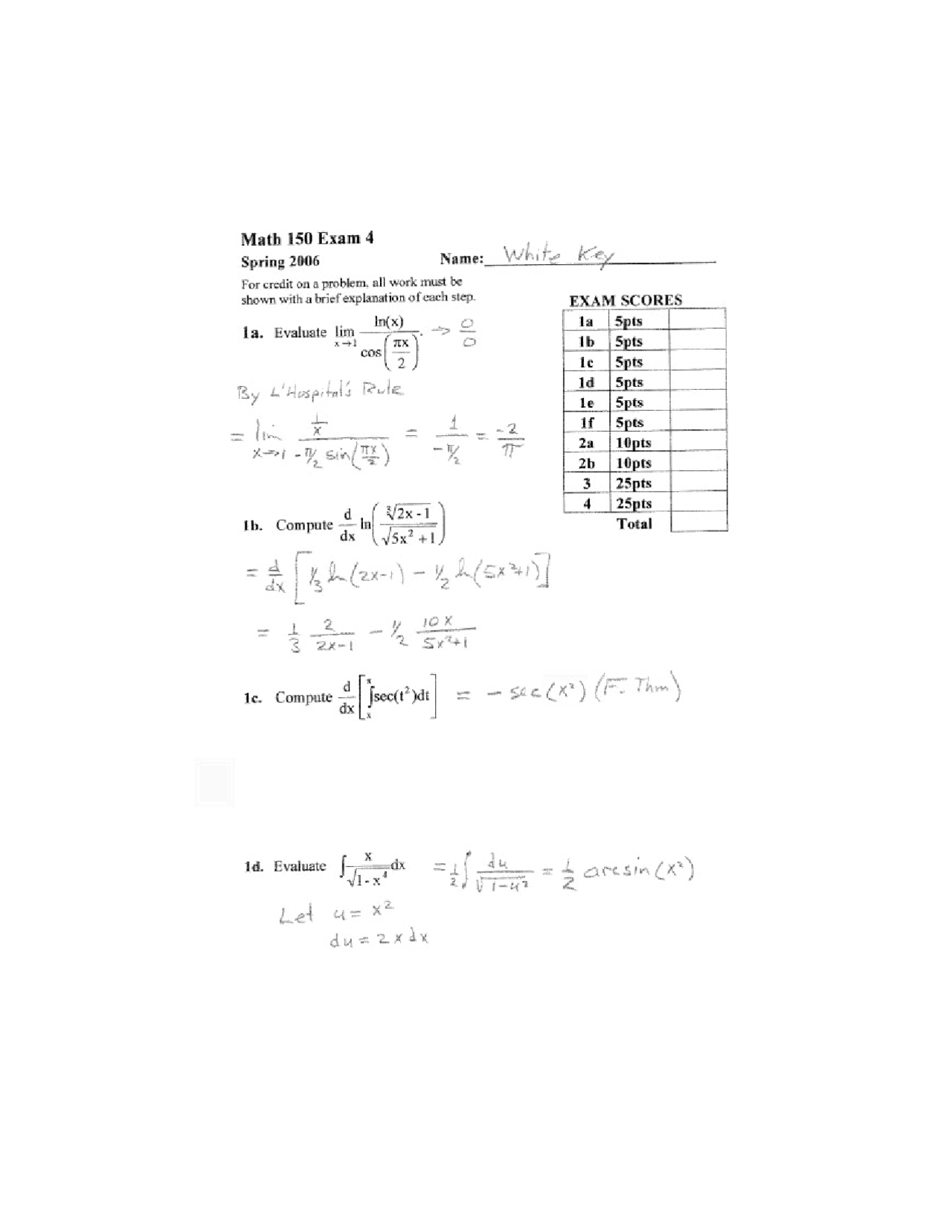 Math Exam Calculus Exam 4 with Solutions for Calculus I | MATH 150 | Exams Mathematics ...