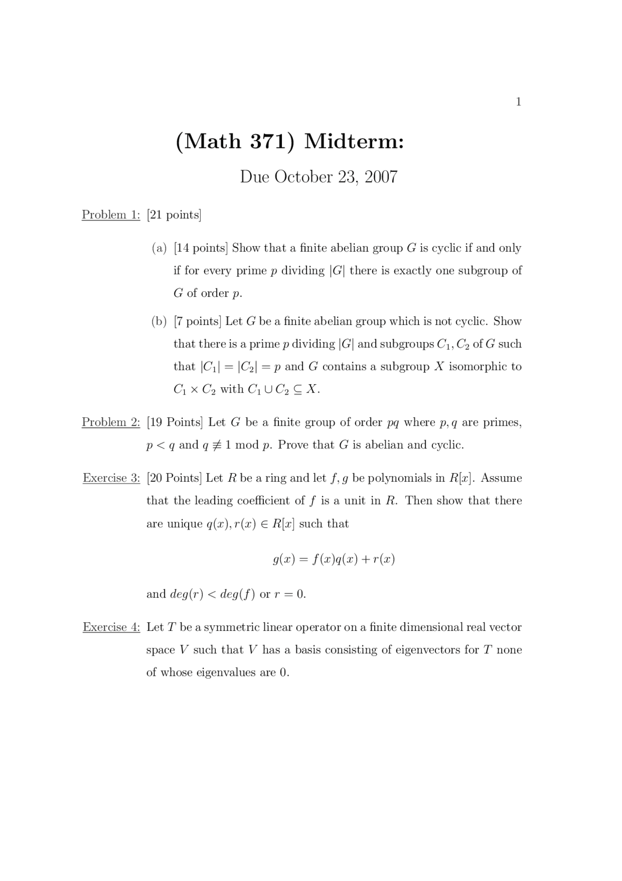 Midterm with Unsolved Problems - Algebra | MATH 371 - Docsity