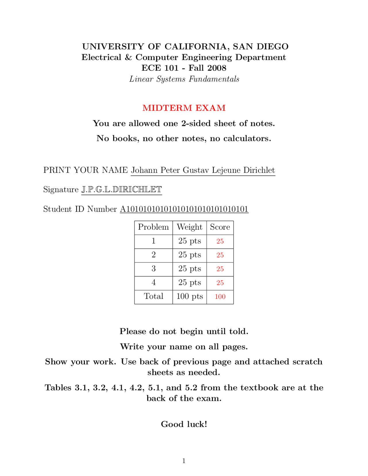 Midterm Exam Solutions for Linear Systems Fundamentals | ECE 101 - Docsity