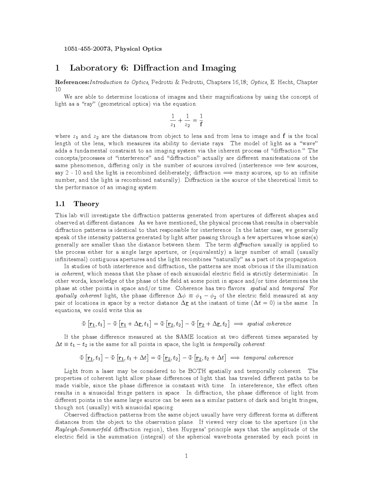 Laboratory 6: Diffraction and Imaging - Physical Optics | 1051 455 ...