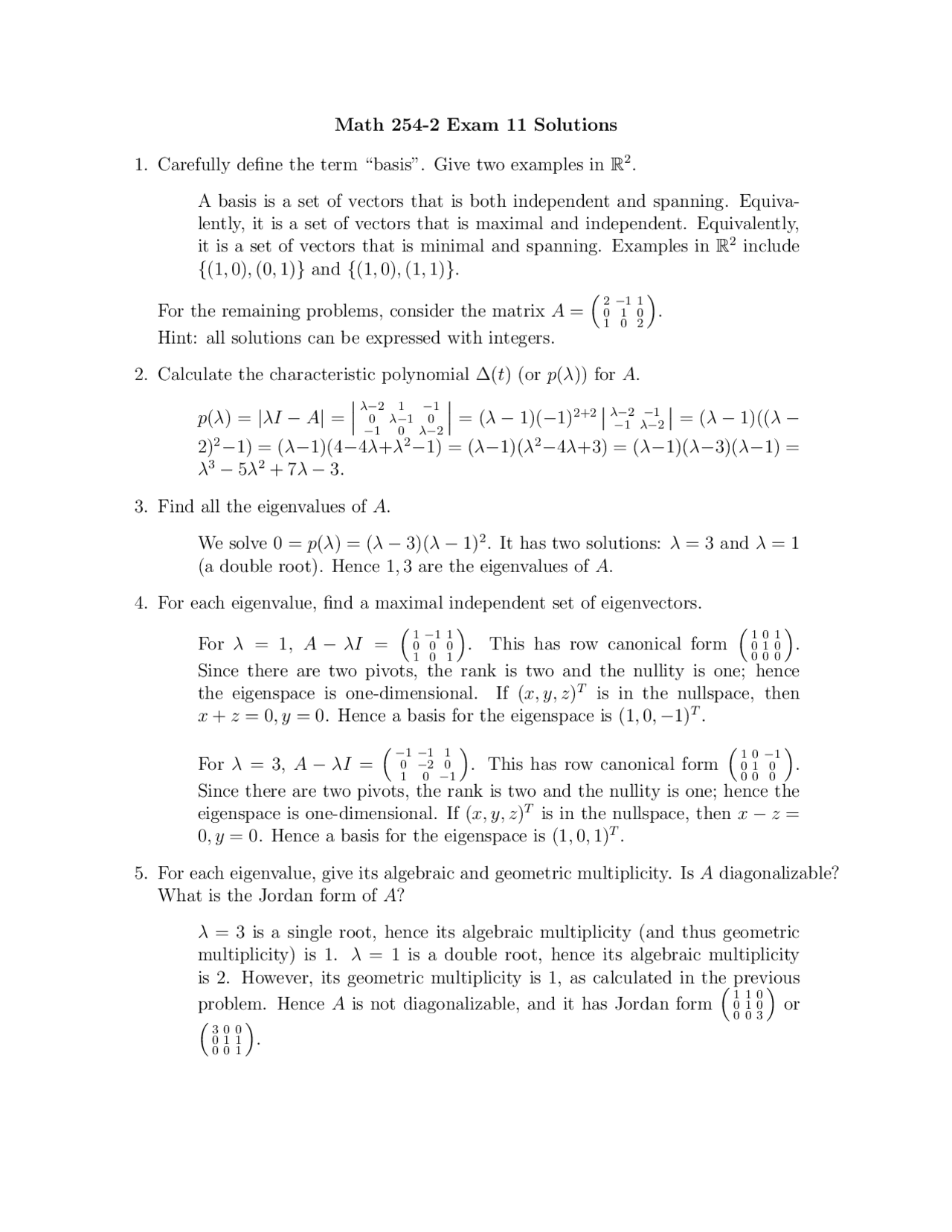 Exam 11 with Solutions - Introduction to Linear Algebra | MATH 254 ...
