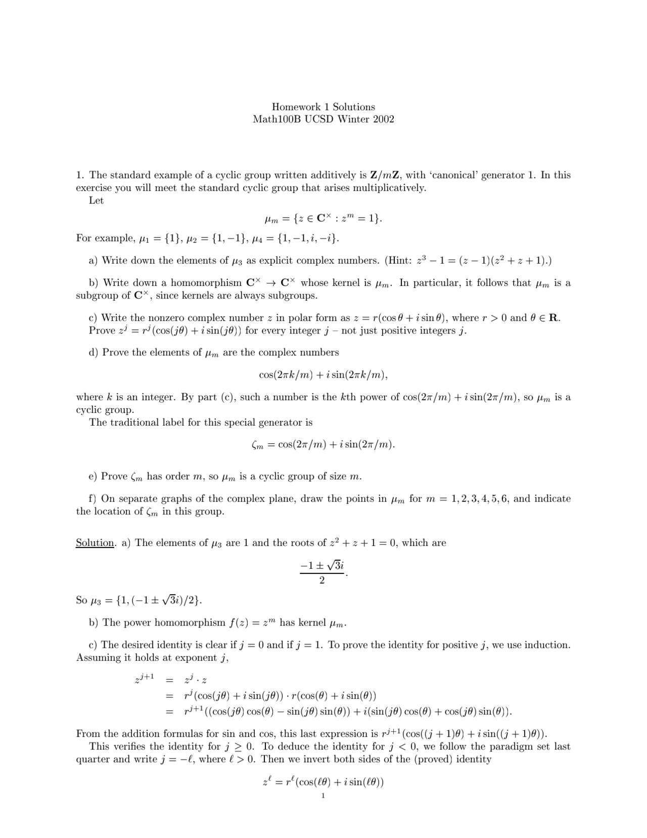Homework 1 Solutions | Abstract Algebra II | MATH 100B - Docsity