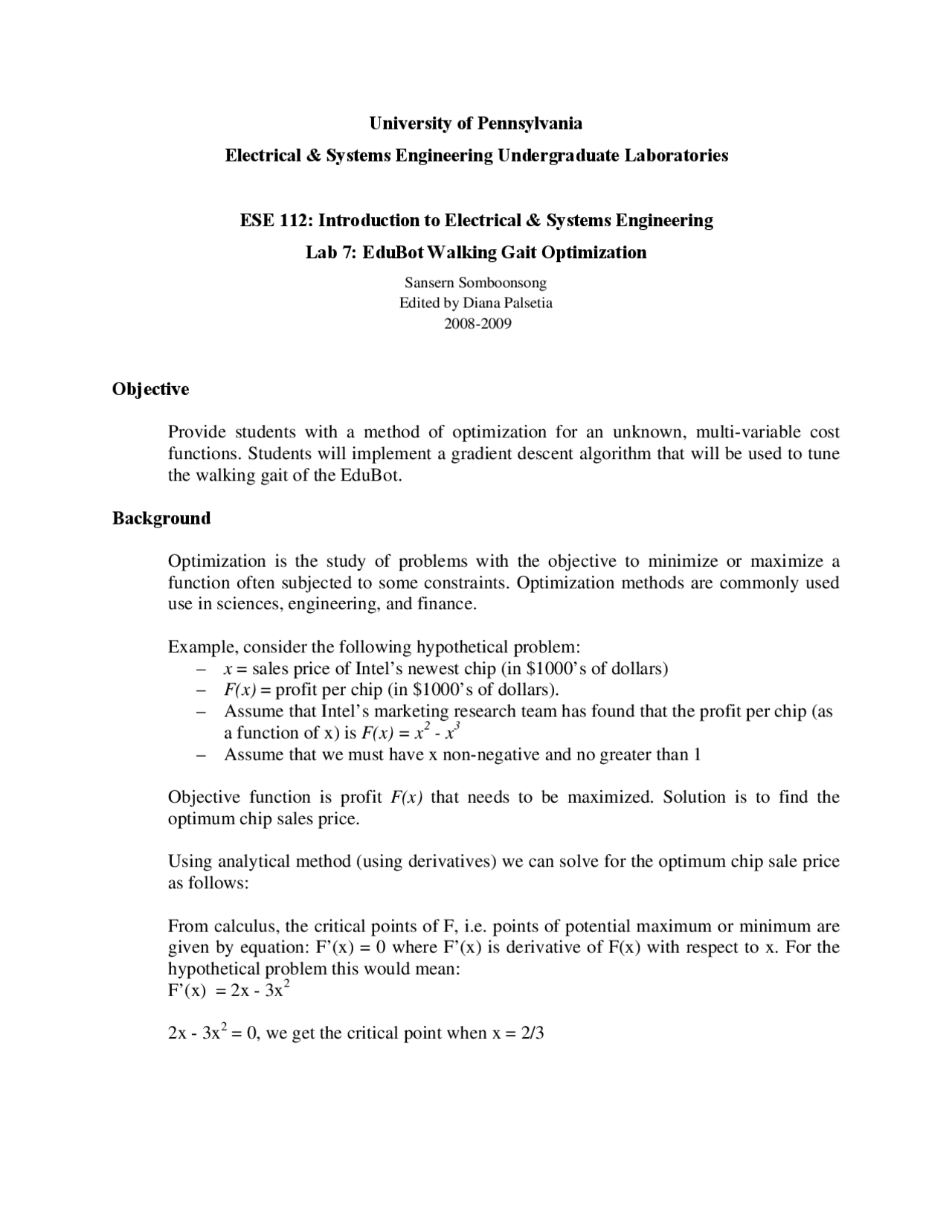 EduBot Walking Gait Optimization Sansern Somboonsong - Handout | ESE