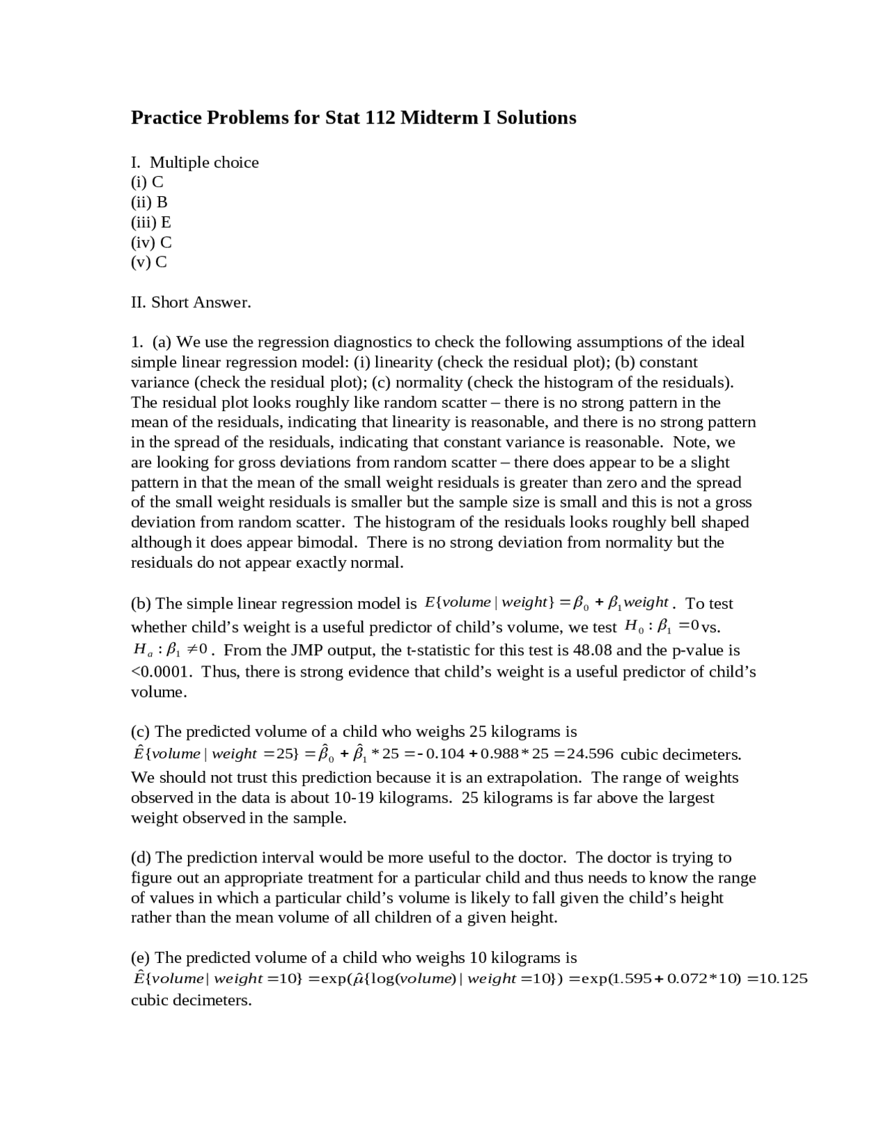 Midterm 1 Solutions For Introductory Statistics Stat 112 Docsity