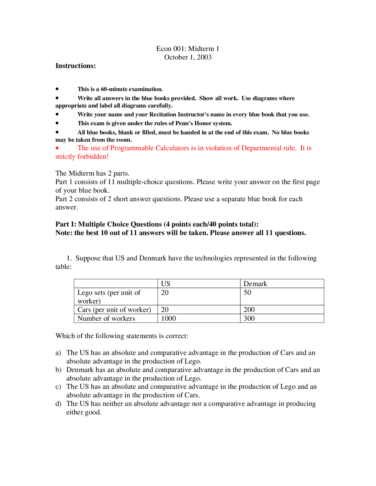 Introduction to microeconomics - Midterm Exam 1 with Answers Key | ECON ...