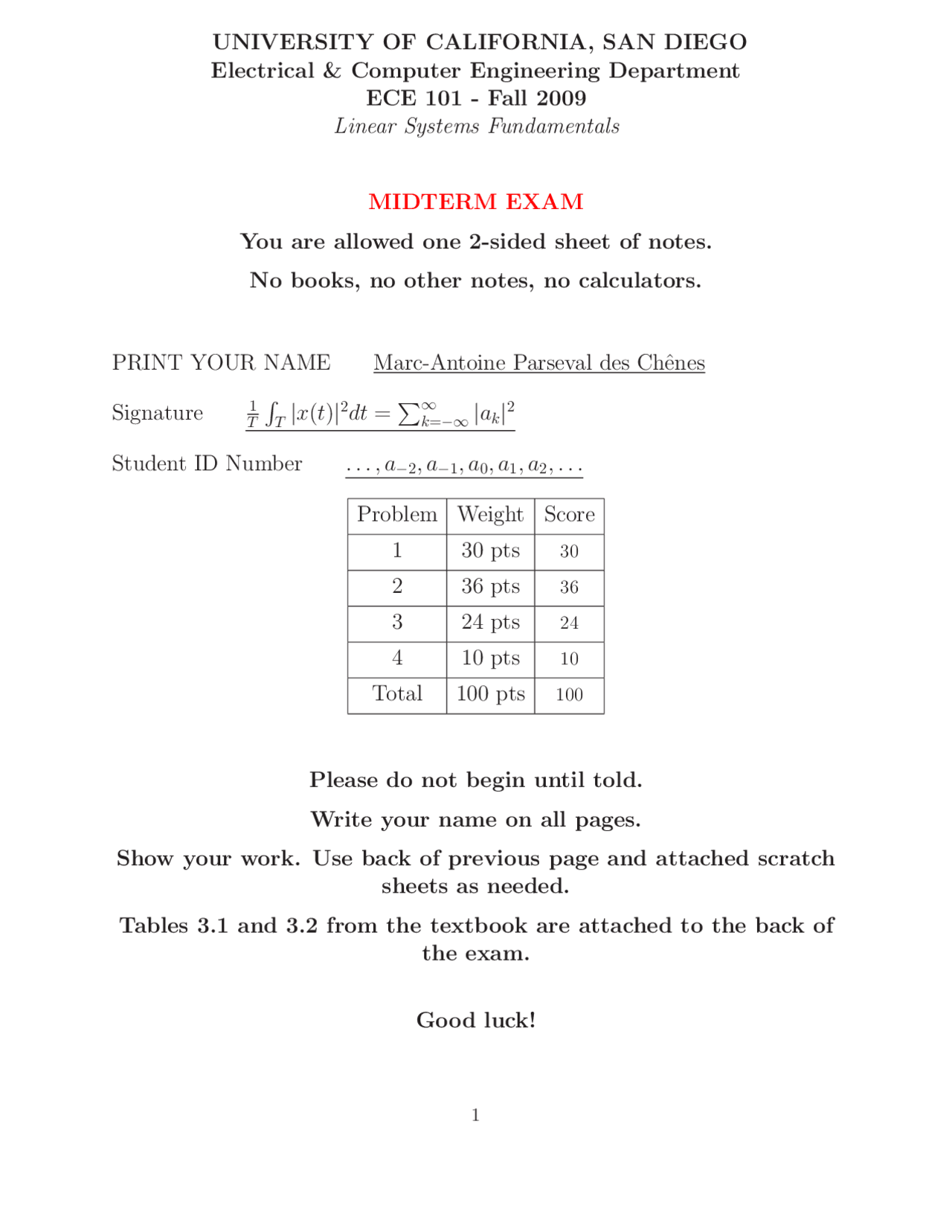 Midterm Exam with Solutions - Linear Systems Fundamentals | ECE 101 ...