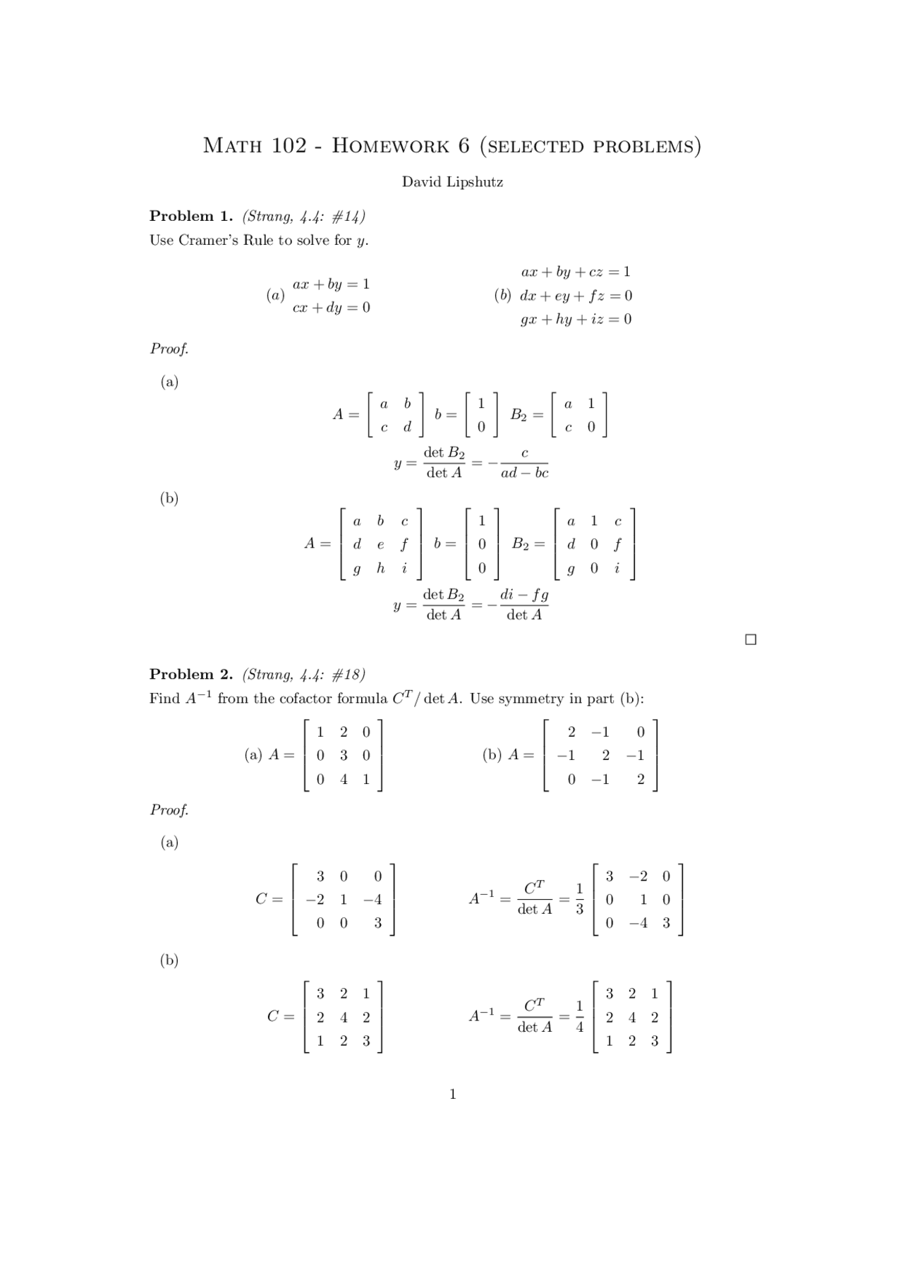 Homework 6 Practice Problems on Applied Linear Algebra | MATH 102 - Docsity