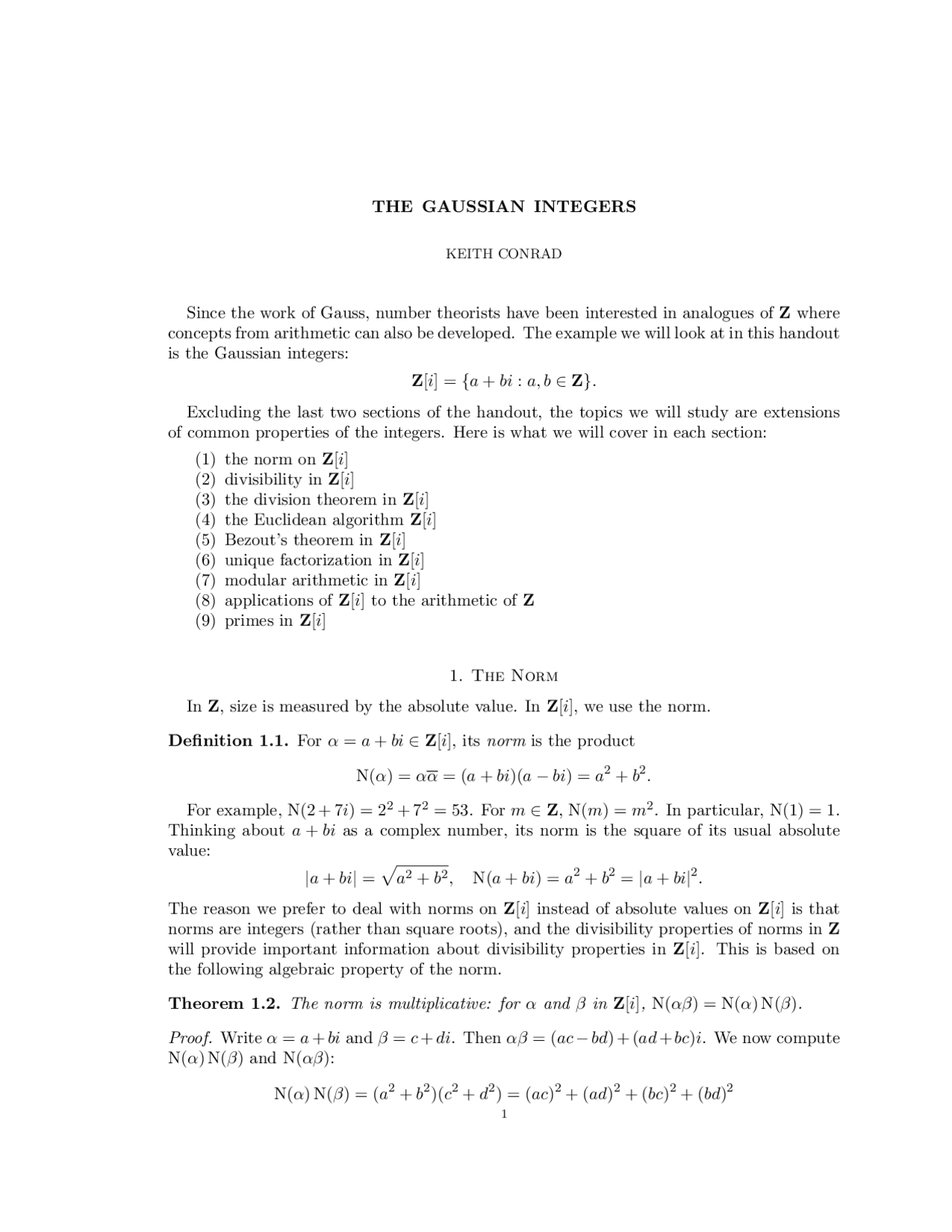 The Gaussian Integers - Lecture Notes | MATH 3240 - Docsity