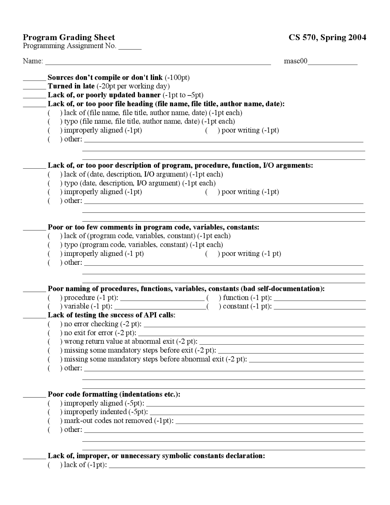 Program Grading Sheet - Operating Systems | CS 570 - Docsity