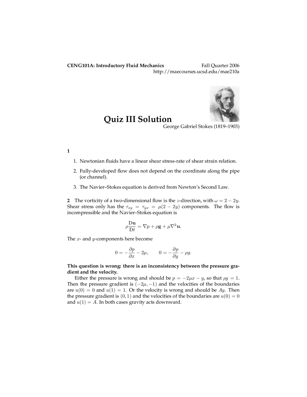 Quiz 3 Solutions - Introductory Fluid Mechanics | CENG 101A - Docsity