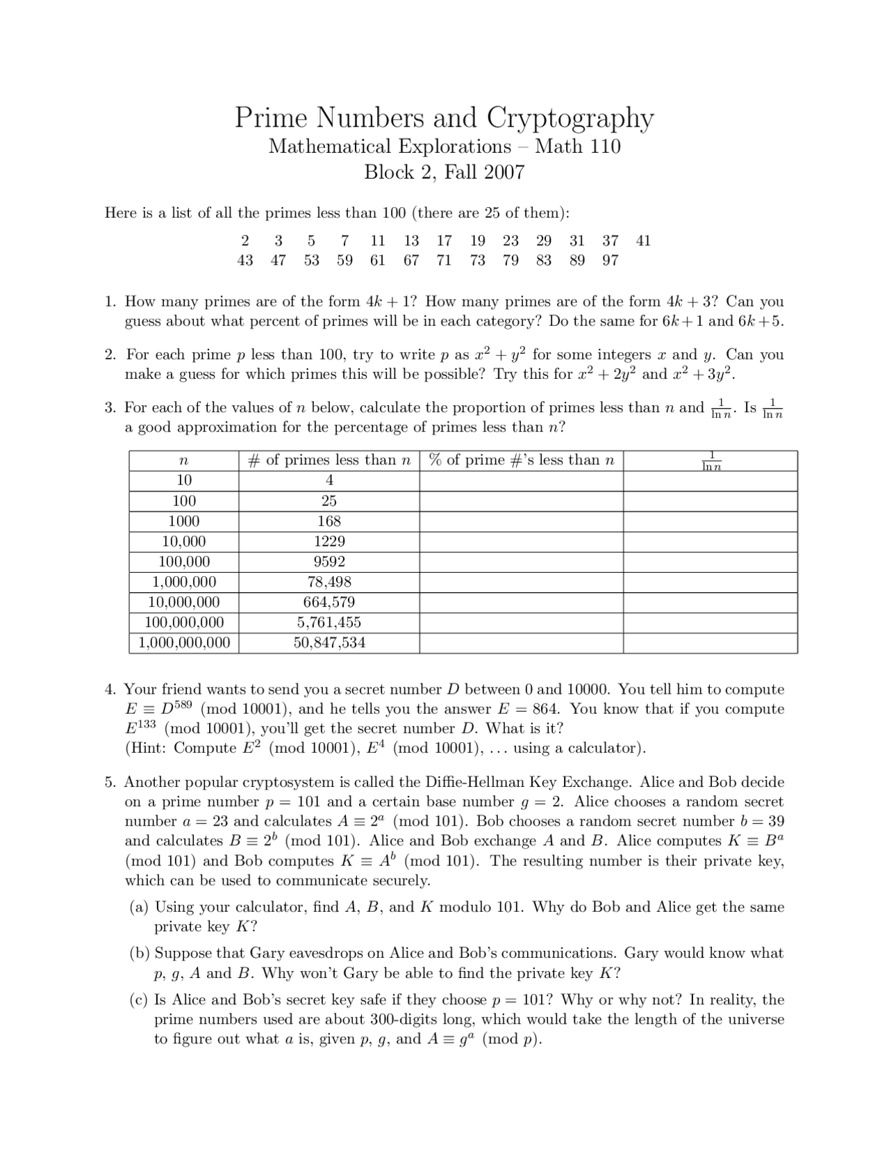 Cryptography Prime Number Examples Assignment for Prime Numbers and Cryptography | MATH 110 - Docsity