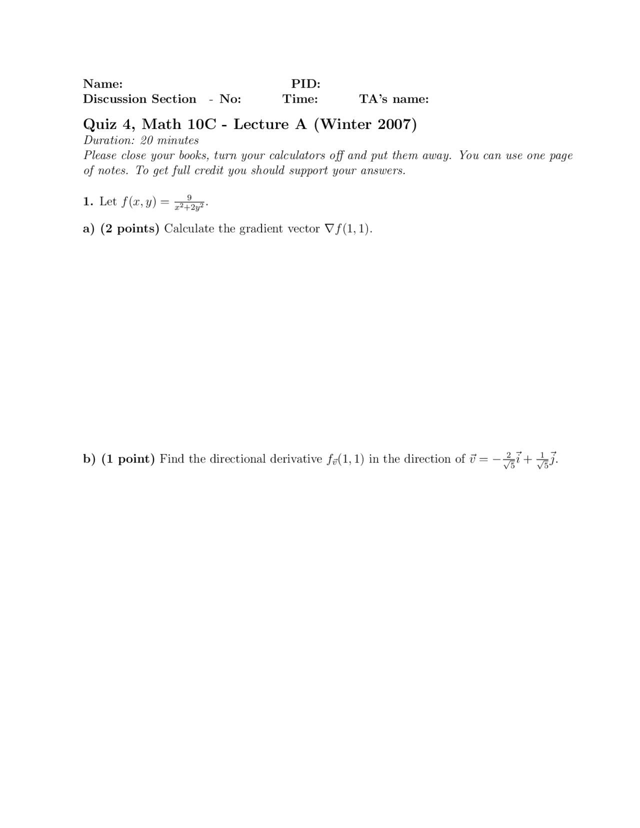 Calculus - Quiz IV Questions | MATH 10C - Docsity