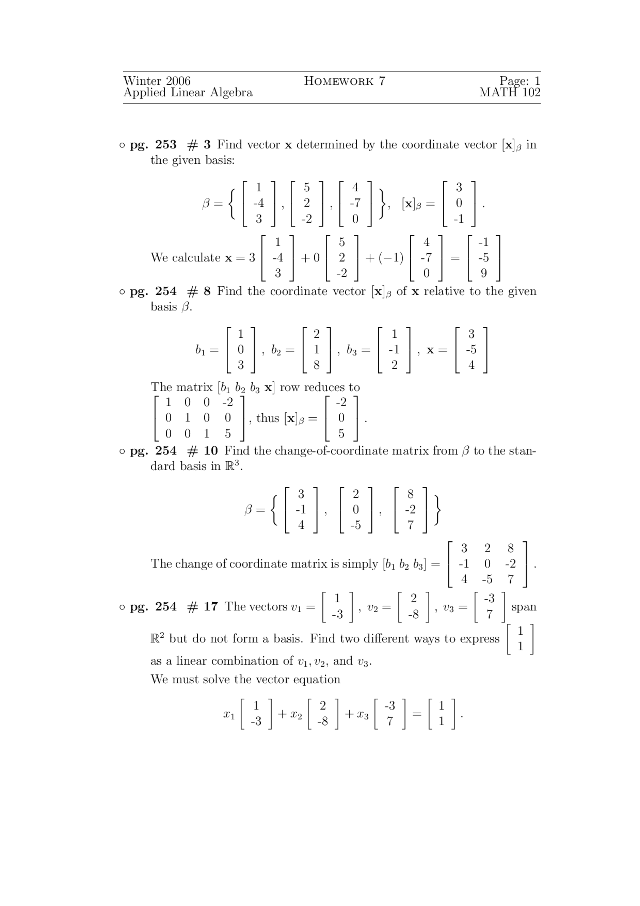 Assignment 7 for Applied Linear Algebra | MATH 102 - Docsity