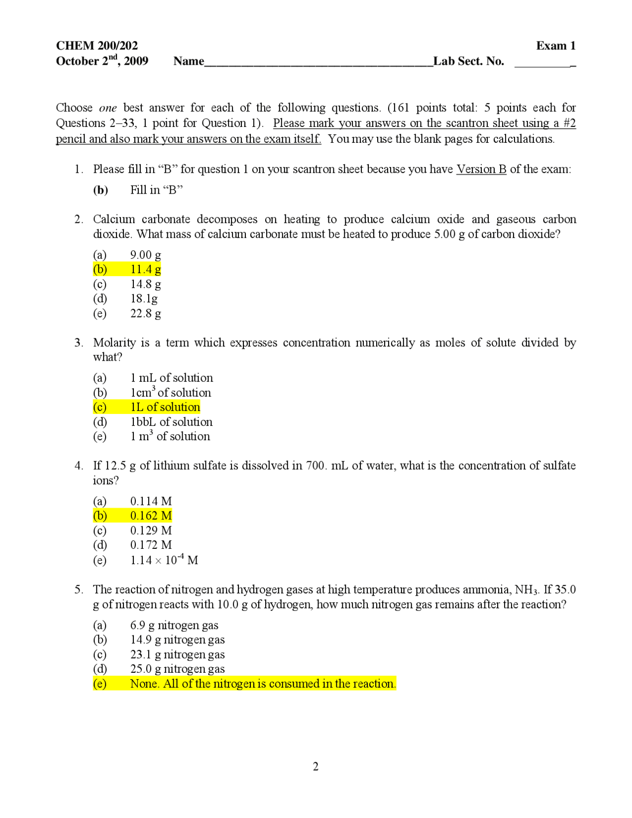 Solved Exam 1 for General Chemistry CHEM 200 Docsity