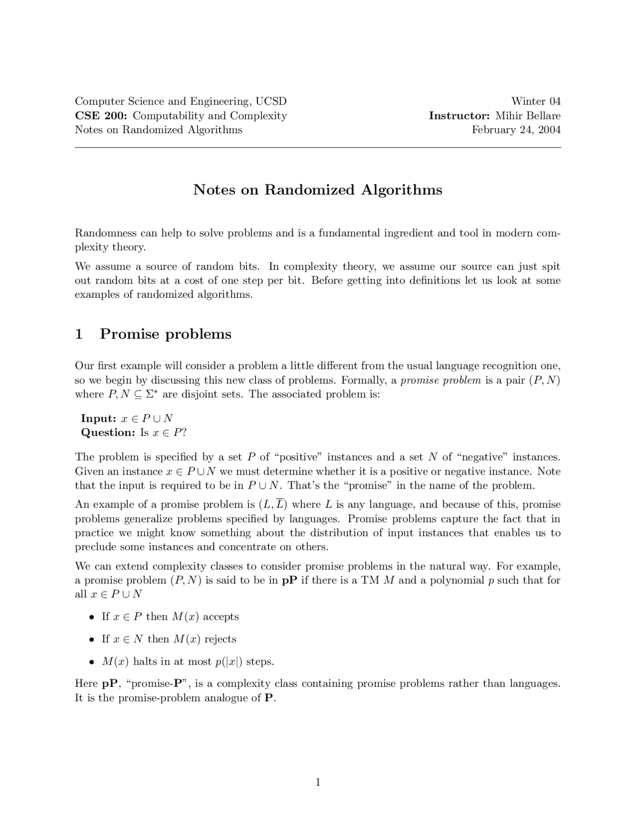 Notes on Randomized Algorithms | CSE 200 - Docsity