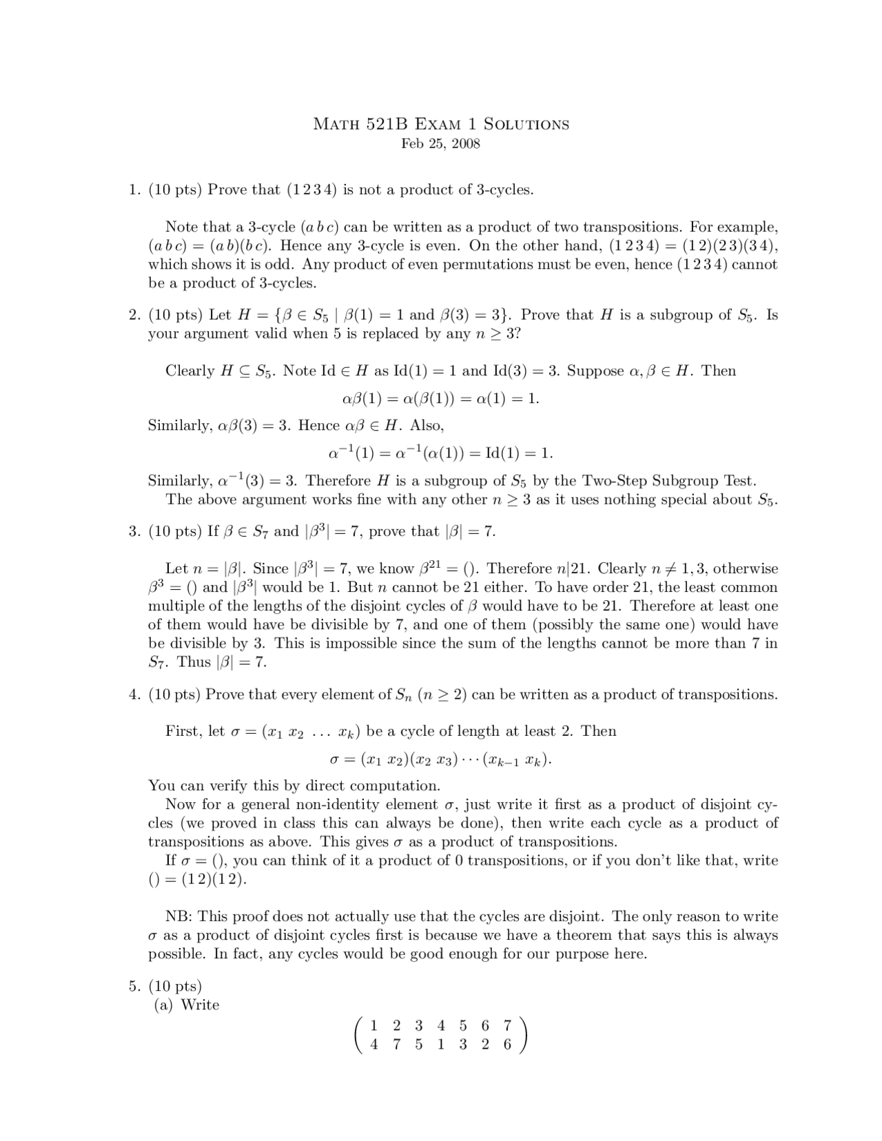 Math Abstract Example Exam 7 Questions with Answer Exam 1 - Abstract Algebra | MATH 521B - Docsity