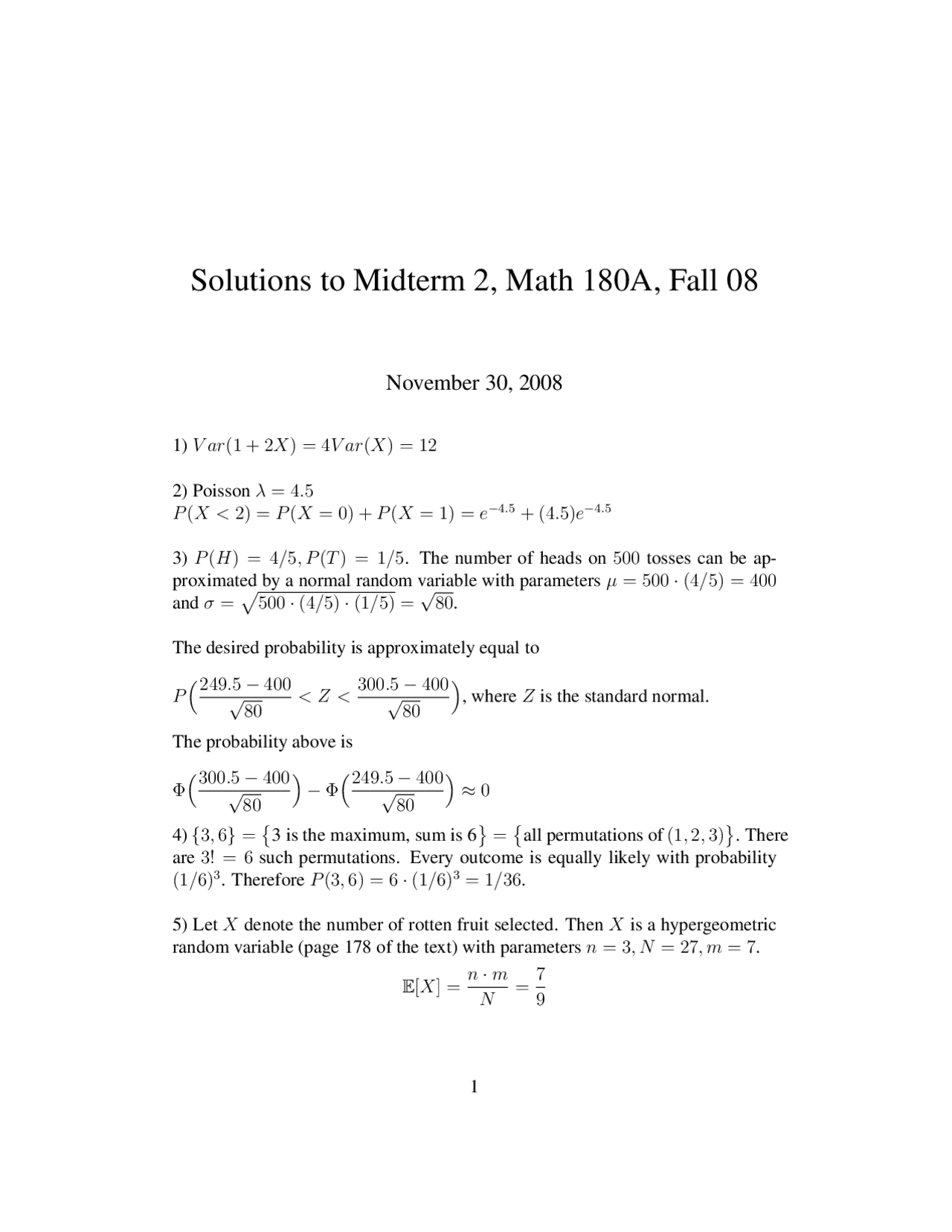 7 Questions with Solutions in Introduction to Probability Exam 2