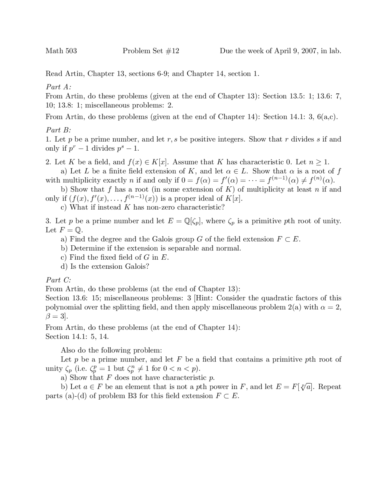 Assignment 12 - Problem Set - Abstract Algebra | MATH 503 - Docsity