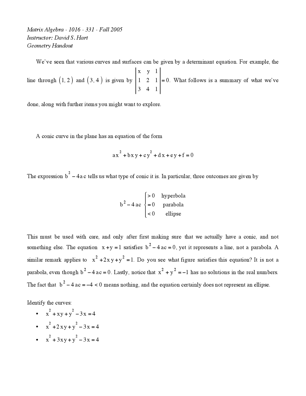 Geometry Math Matric Matrix Algebra and Geometry Handout - Linear Algebra I | 1016 331 - Docsity
