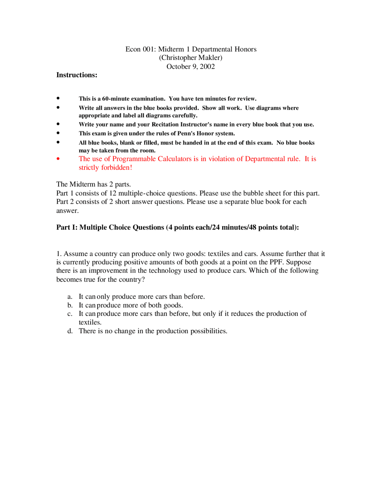Midterm Exam 1 with Answer Key - Introduction to Micro Economics | ECON ...
