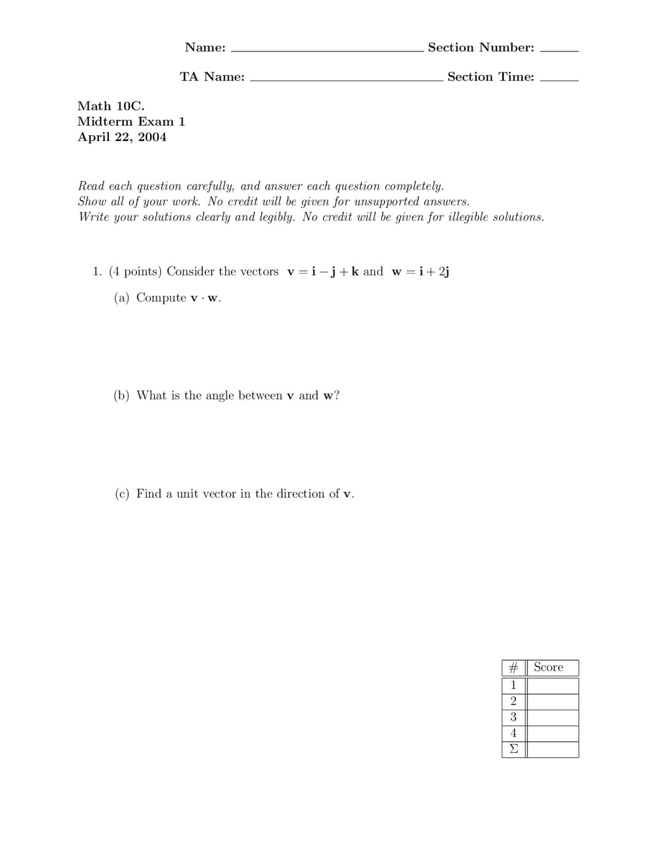 Exam 1 for Mathematics | Calculus | MATH 10C - Docsity