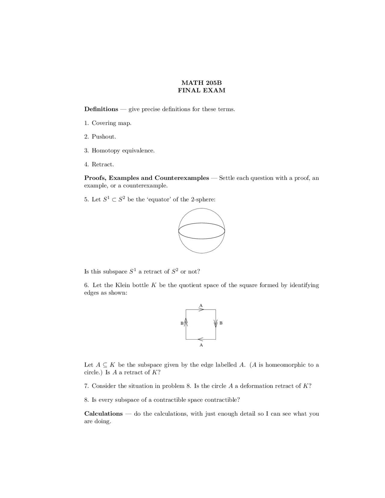 Topology Math Questions 12 Questions for Final Examination - Topology | MATH 205B - Docsity