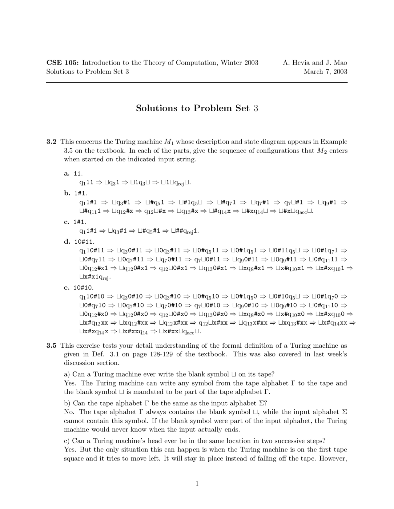Solutions to Problem Set 3 on Introduction to Theory of Computation ...