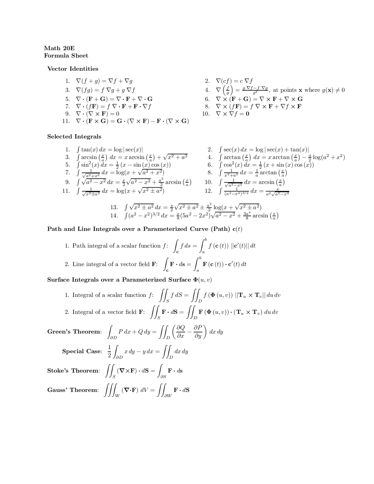 Vector Calculus - Formula Sheets | MATH 20E - Docsity