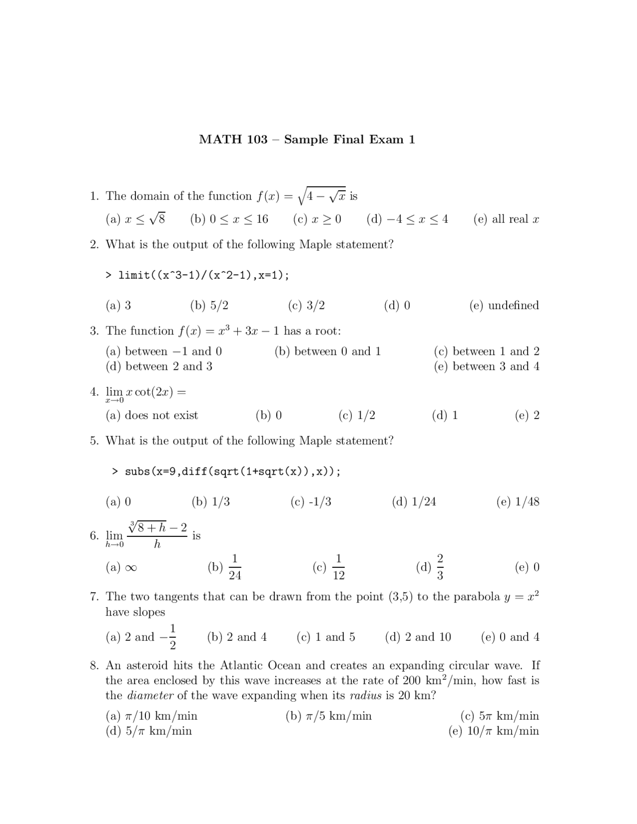 Sample Final Exam 1 - Introduction to Calculus | MATH 103 - Docsity