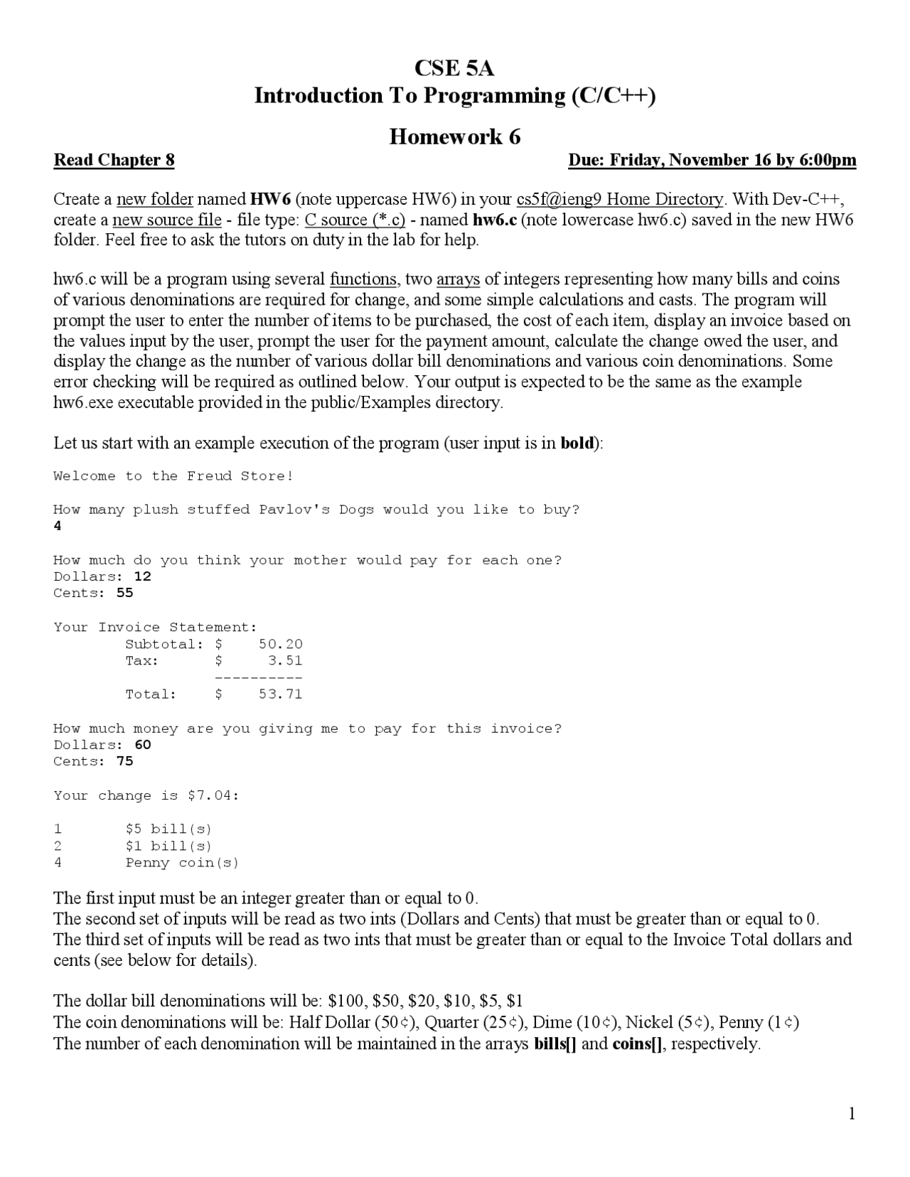 Homework 6 | Introduction to Programming I | CSE 5A - Docsity