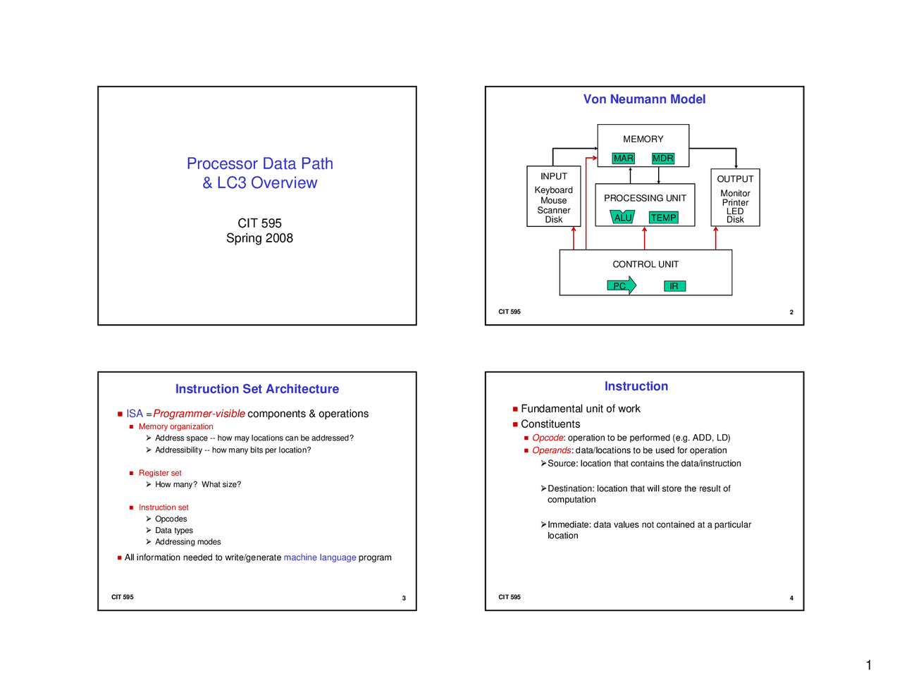 Processor Data Path and LC3 Overview - Lecture Slides | CIT 595 - Docsity